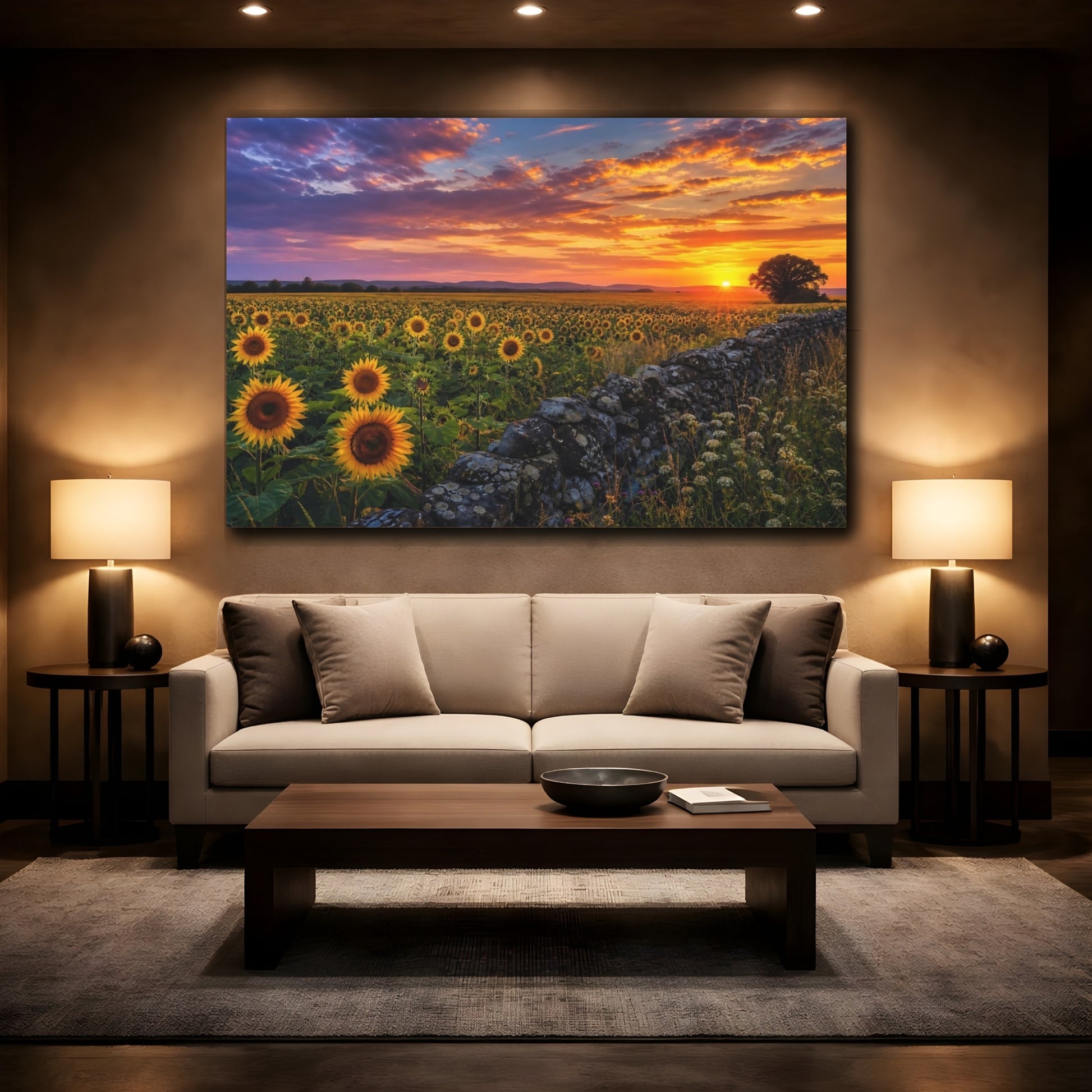 Mockup 2. Nature Sunflowers Sunset Sunflowers shown as stretched canvas wall art