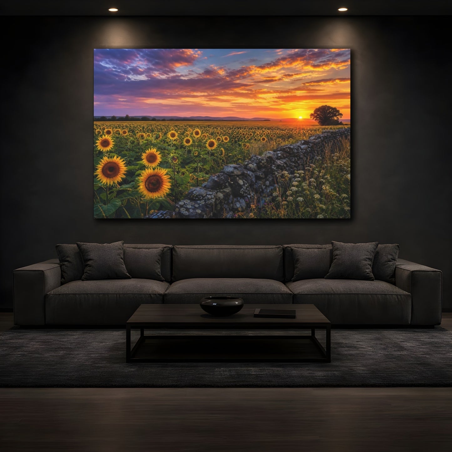 Mockup 3. Nature Sunflowers Sunset Sunflowers shown as stretched canvas wall art