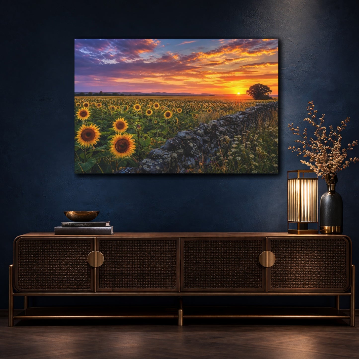 Mockup 4. Nature Sunflowers Sunset Sunflowers shown as stretched canvas wall art