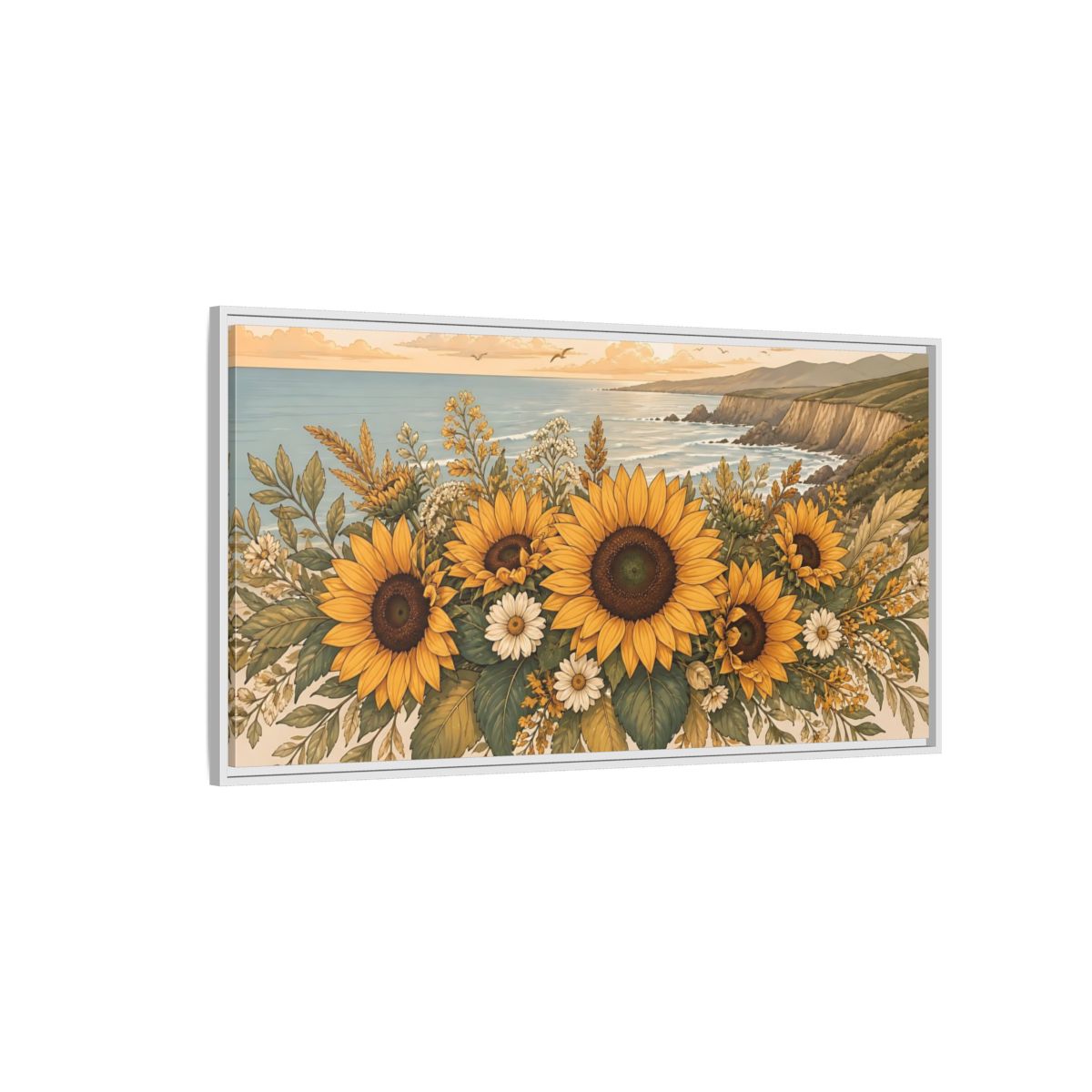 Side Mockup 3. Nature Sunflowers Warm Sunflower Coast shown as stretched canvas wall art