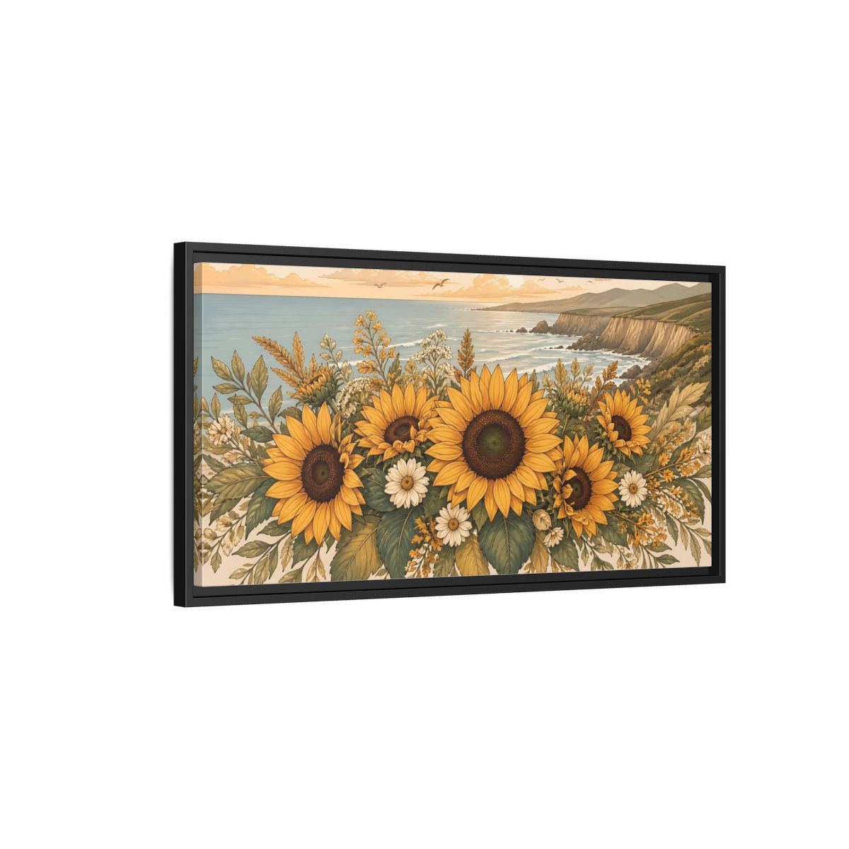 Side Mockup 2. Nature Sunflowers Warm Sunflower Coast shown as stretched canvas wall art