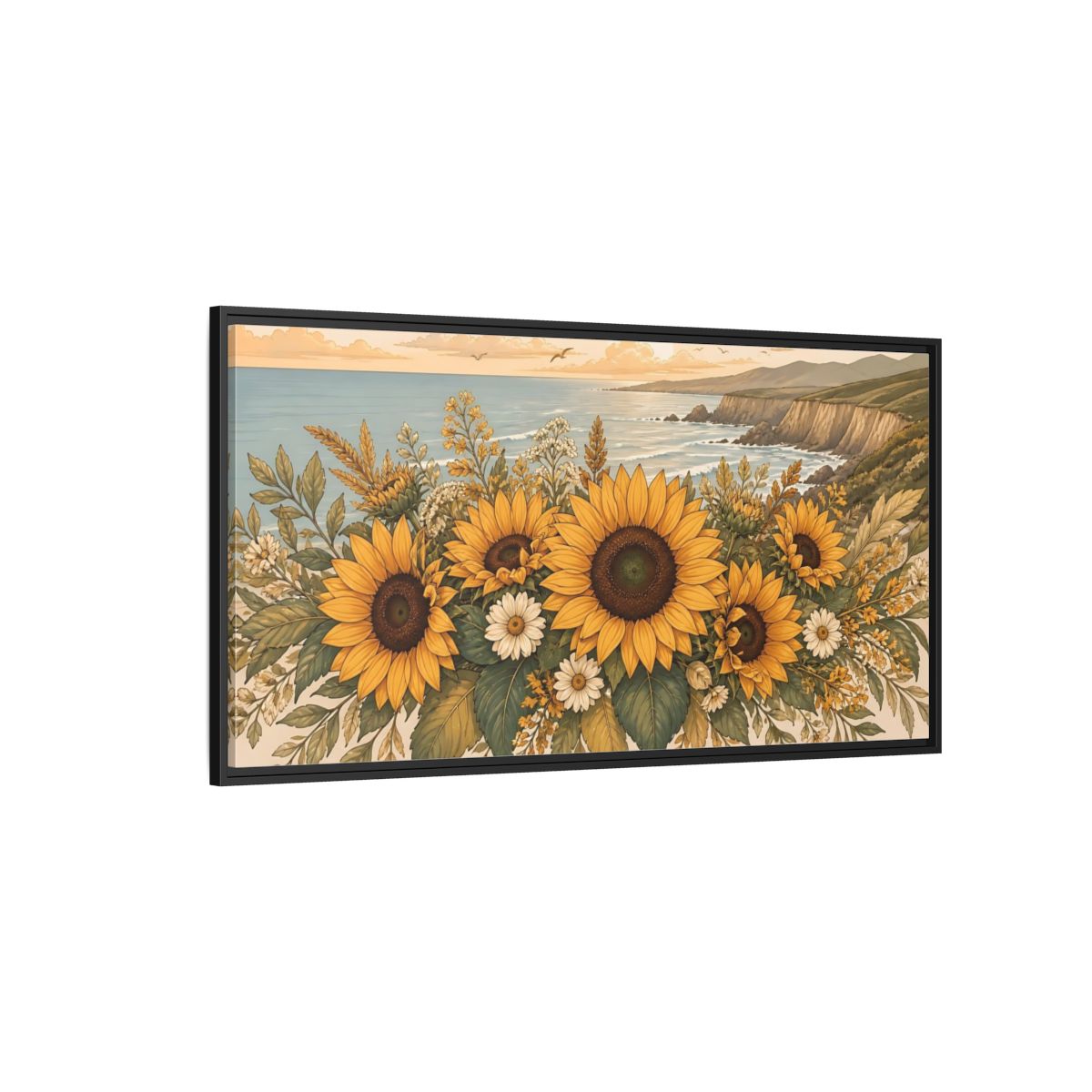 Side Mockup 5. Nature Sunflowers Warm Sunflower Coast shown as stretched canvas wall art