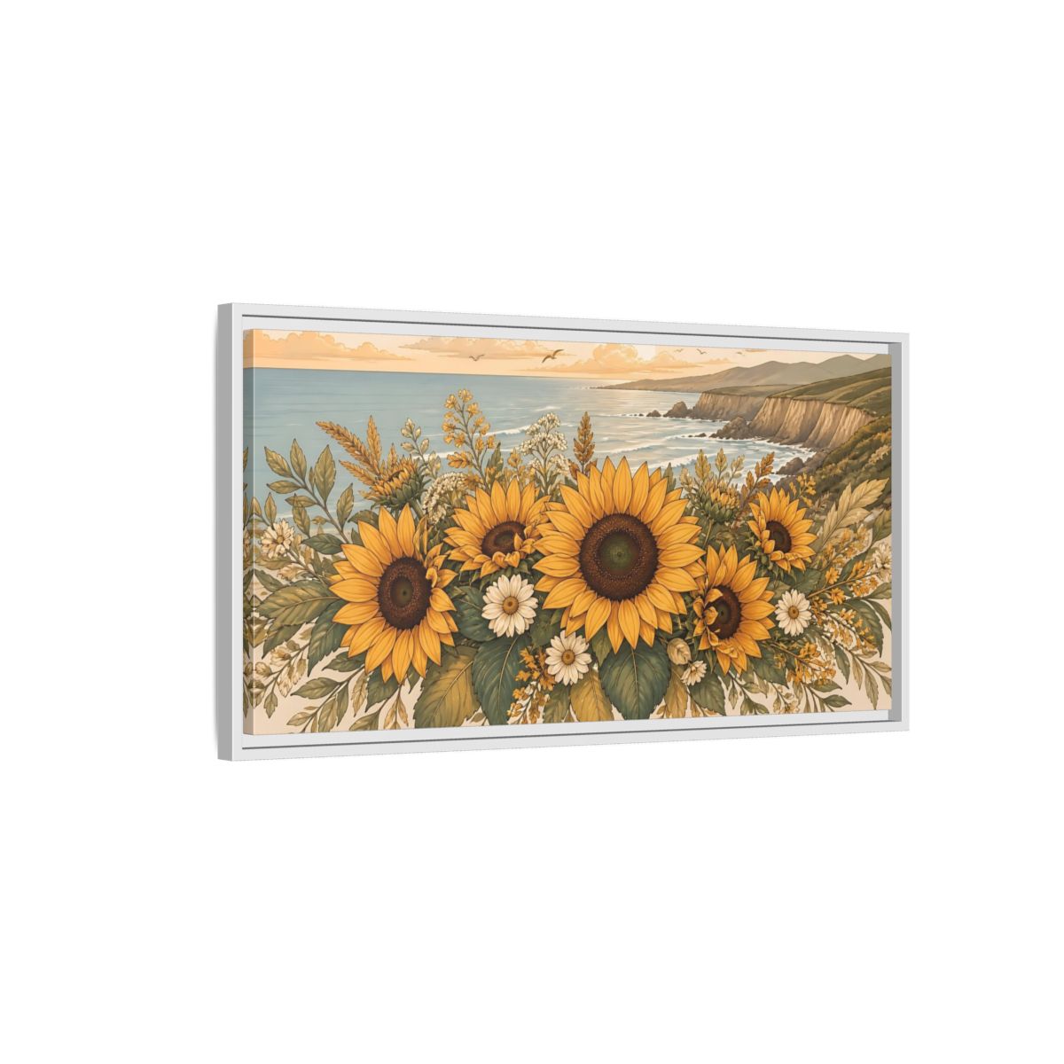 Side Mockup 1. Nature Sunflowers Warm Sunflower Coast shown as stretched canvas wall art