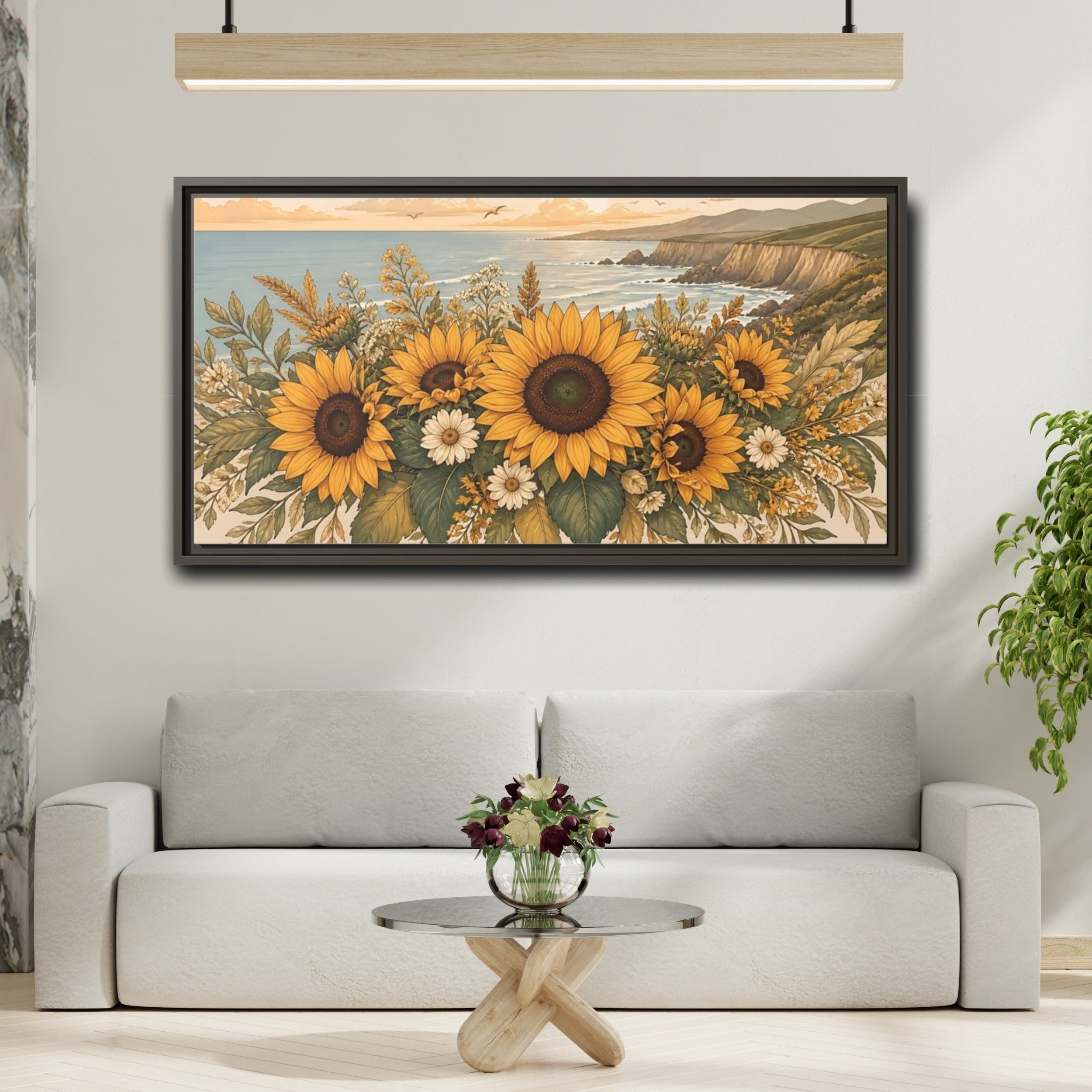 Mockup 2. Nature Sunflowers Warm Sunflower Coast shown as stretched canvas wall art