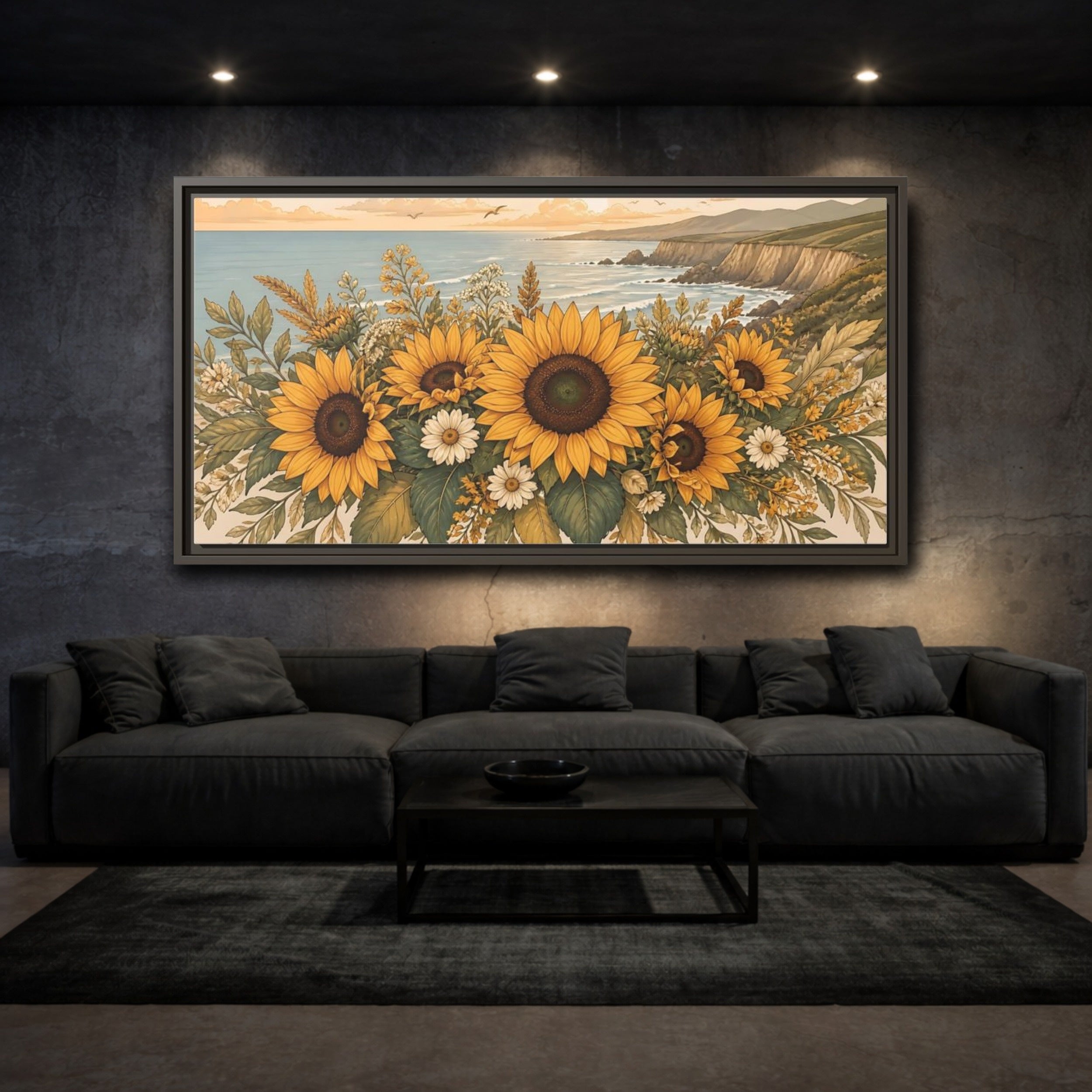 Mockup 3. Nature Sunflowers Warm Sunflower Coast shown as stretched canvas wall art