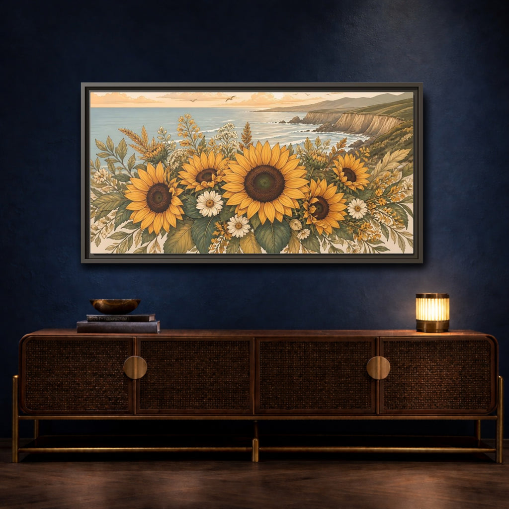 Mockup 4. Nature Sunflowers Warm Sunflower Coast shown as stretched canvas wall art