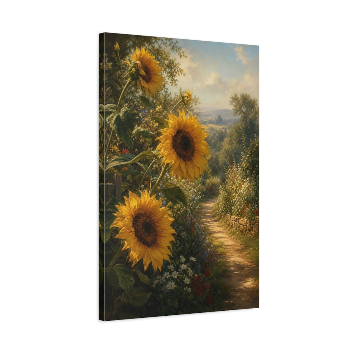 Side Mockup 2. Nature Sunflowers Yellow Sunflowers shown as stretched canvas wall art