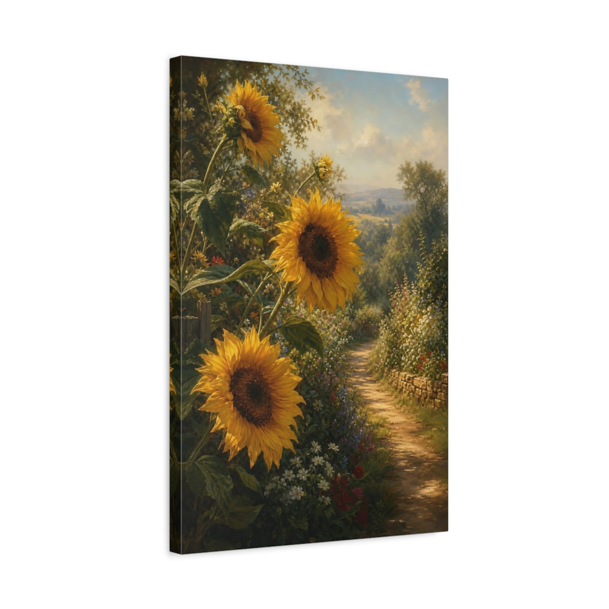 Side Mockup 3. Nature Sunflowers Yellow Sunflowers shown as stretched canvas wall art