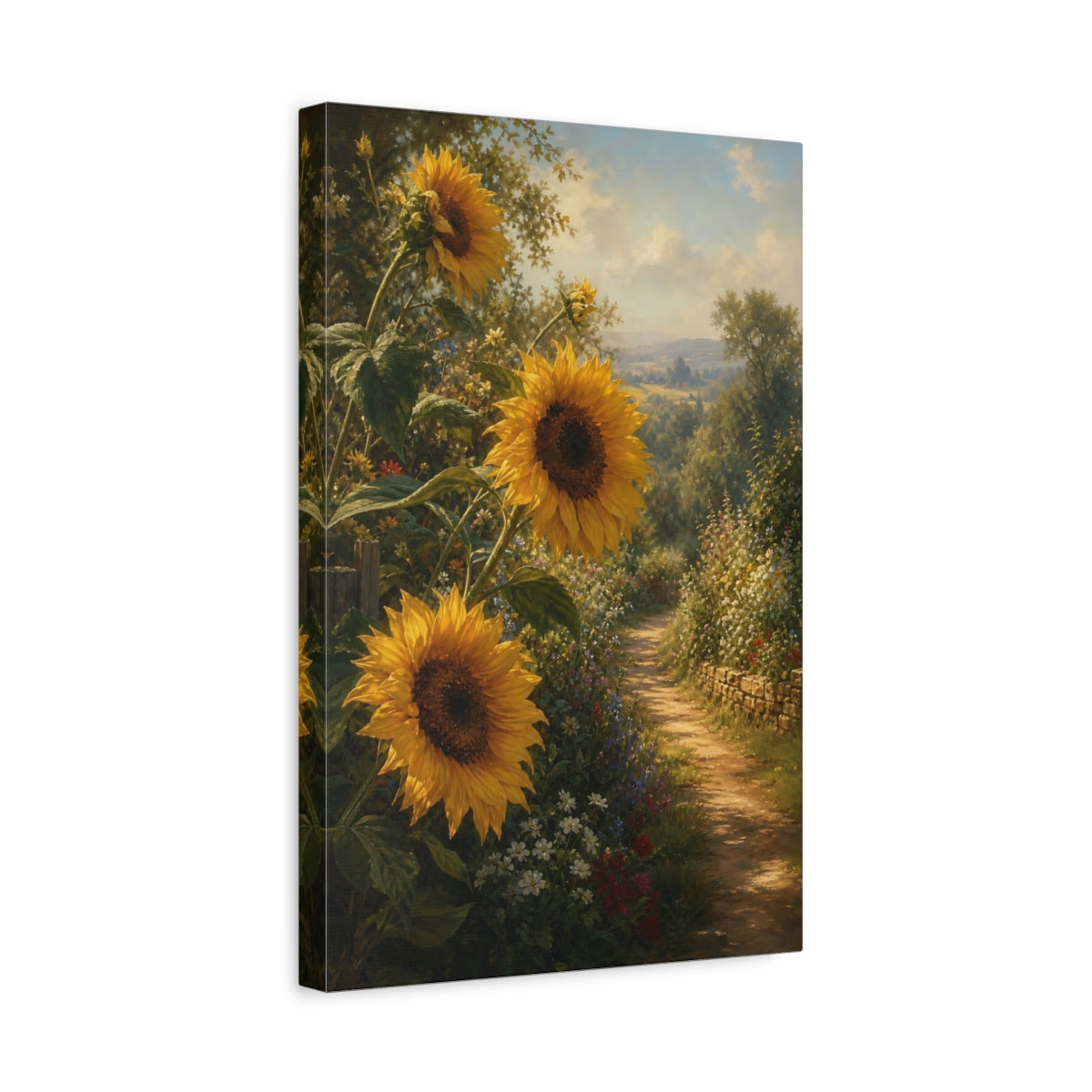 Side Mockup 4. Nature Sunflowers Yellow Sunflowers shown as stretched canvas wall art
