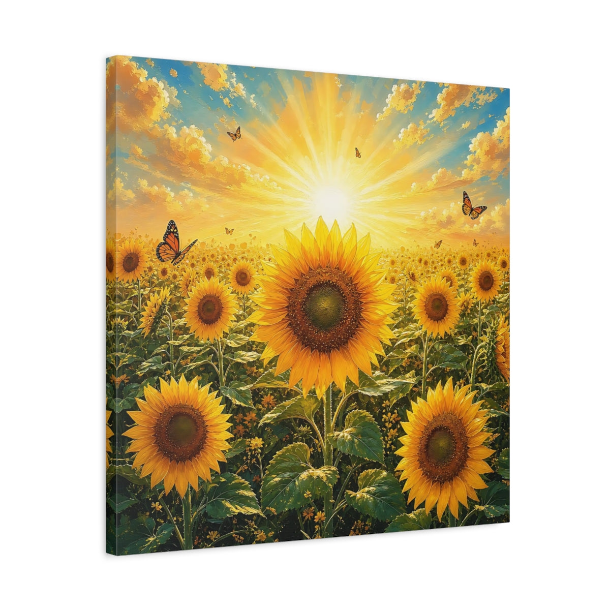 Side Mockup 4. Nature Sunflowers Yellow Sunflowers shown as stretched canvas wall art