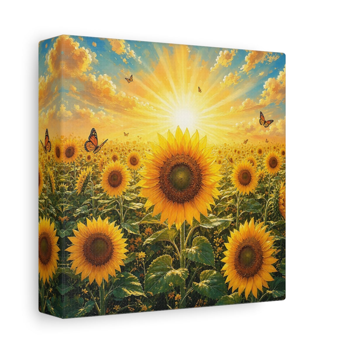 Side Mockup 2. Nature Sunflowers Yellow Sunflowers shown as stretched canvas wall art