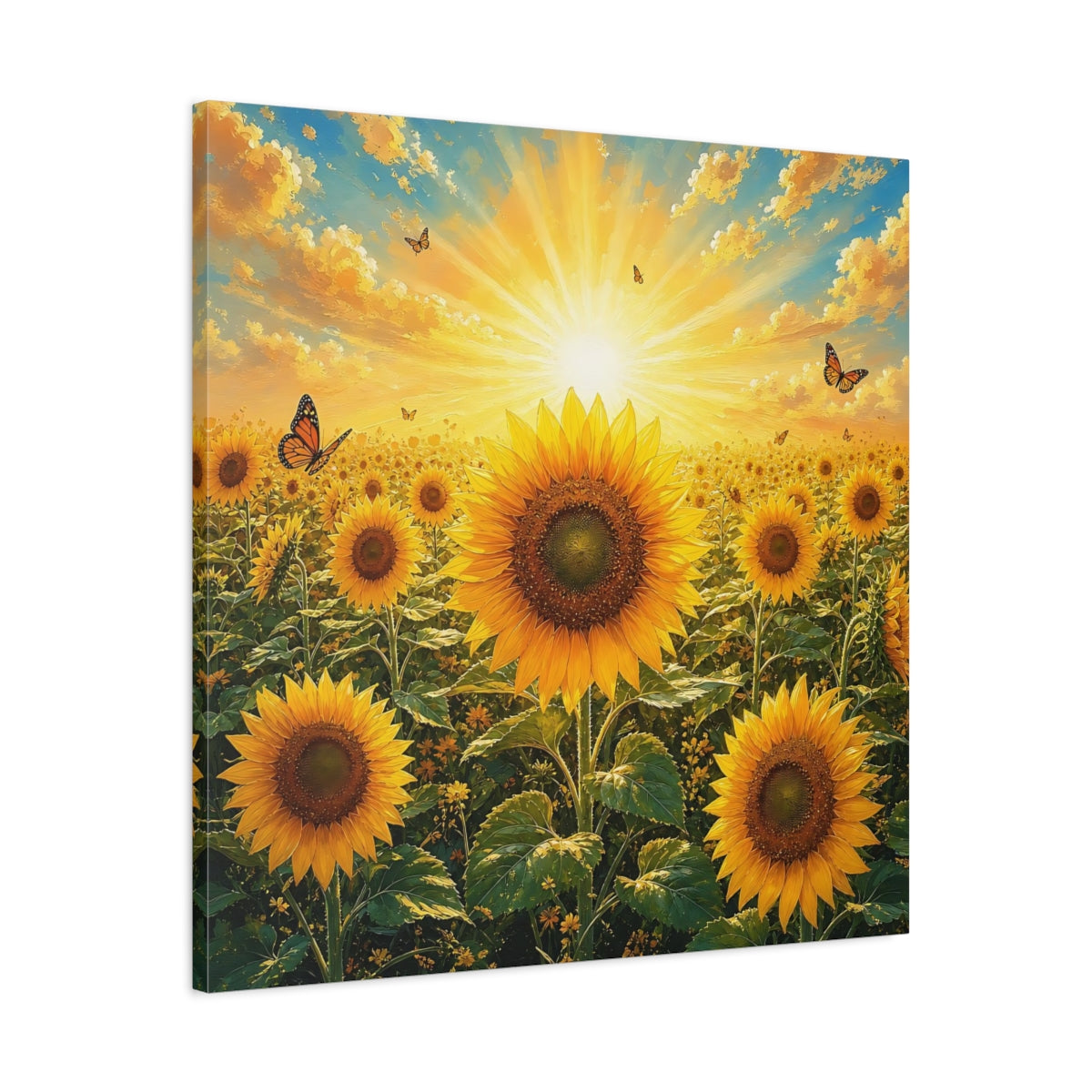 Side Mockup 3. Nature Sunflowers Yellow Sunflowers shown as stretched canvas wall art