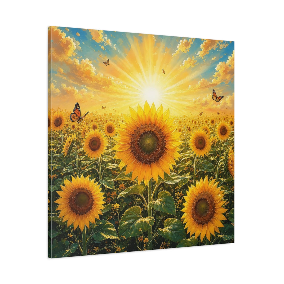 Side Mockup 1. Nature Sunflowers Yellow Sunflowers shown as stretched canvas wall art