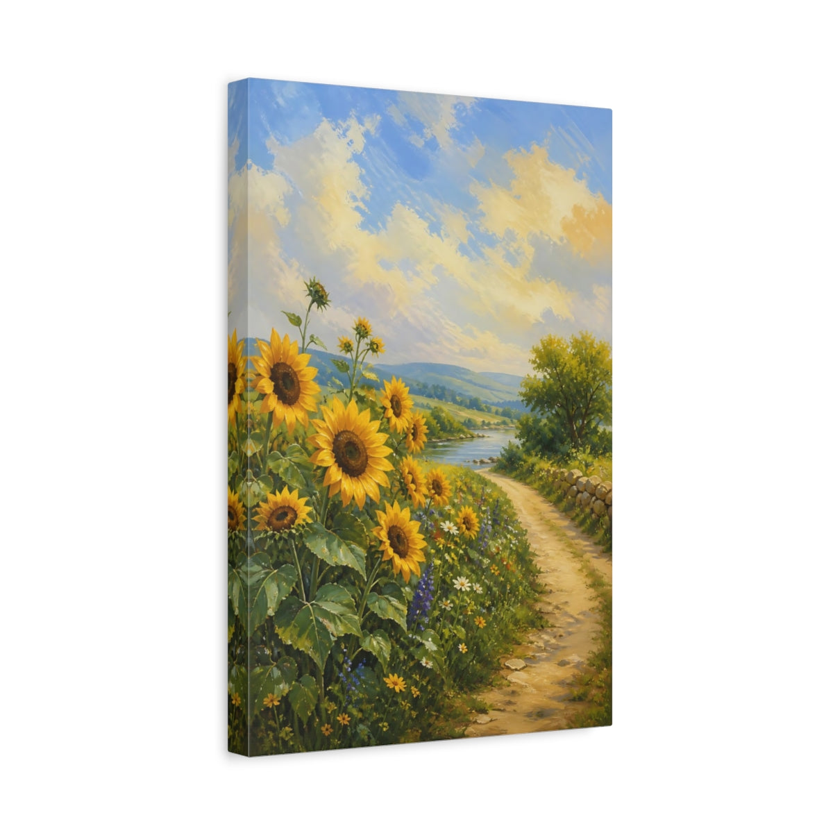 Side Mockup 4. Nature Sunflowers Yellow Sunflowers shown as stretched canvas wall art