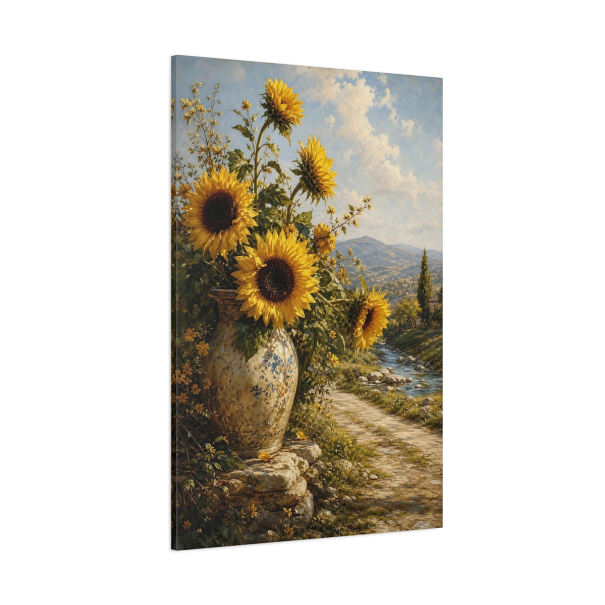 Side Mockup 1. Nature Sunflowers Yellow Sunflowers shown as stretched canvas wall art