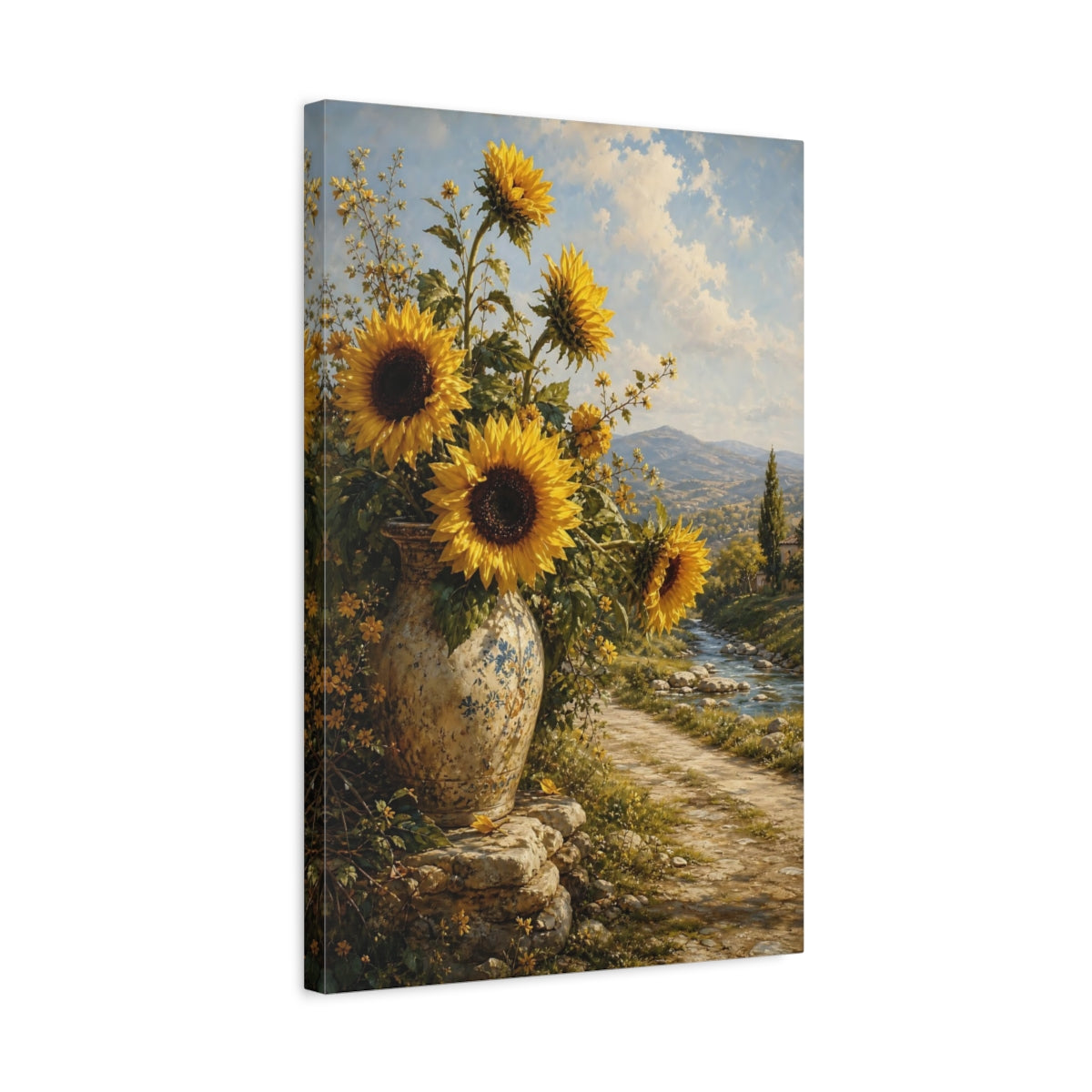 Side Mockup 3. Nature Sunflowers Yellow Sunflowers shown as stretched canvas wall art