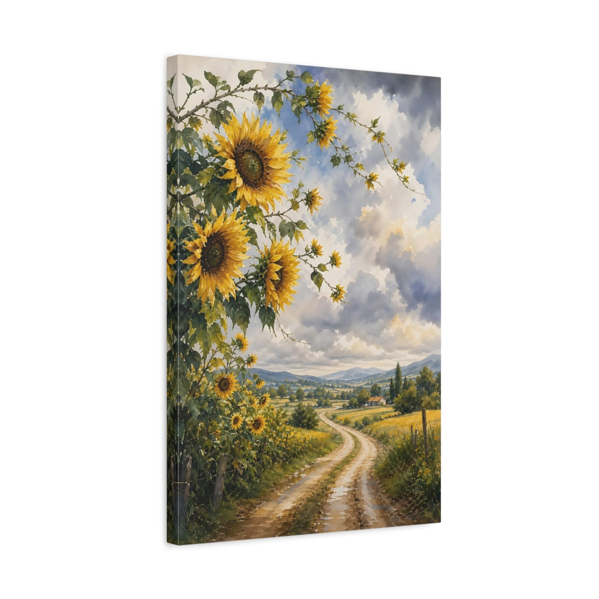 Side Mockup 3. Nature Sunflowers Yellow Sunflower Field shown as stretched canvas wall art
