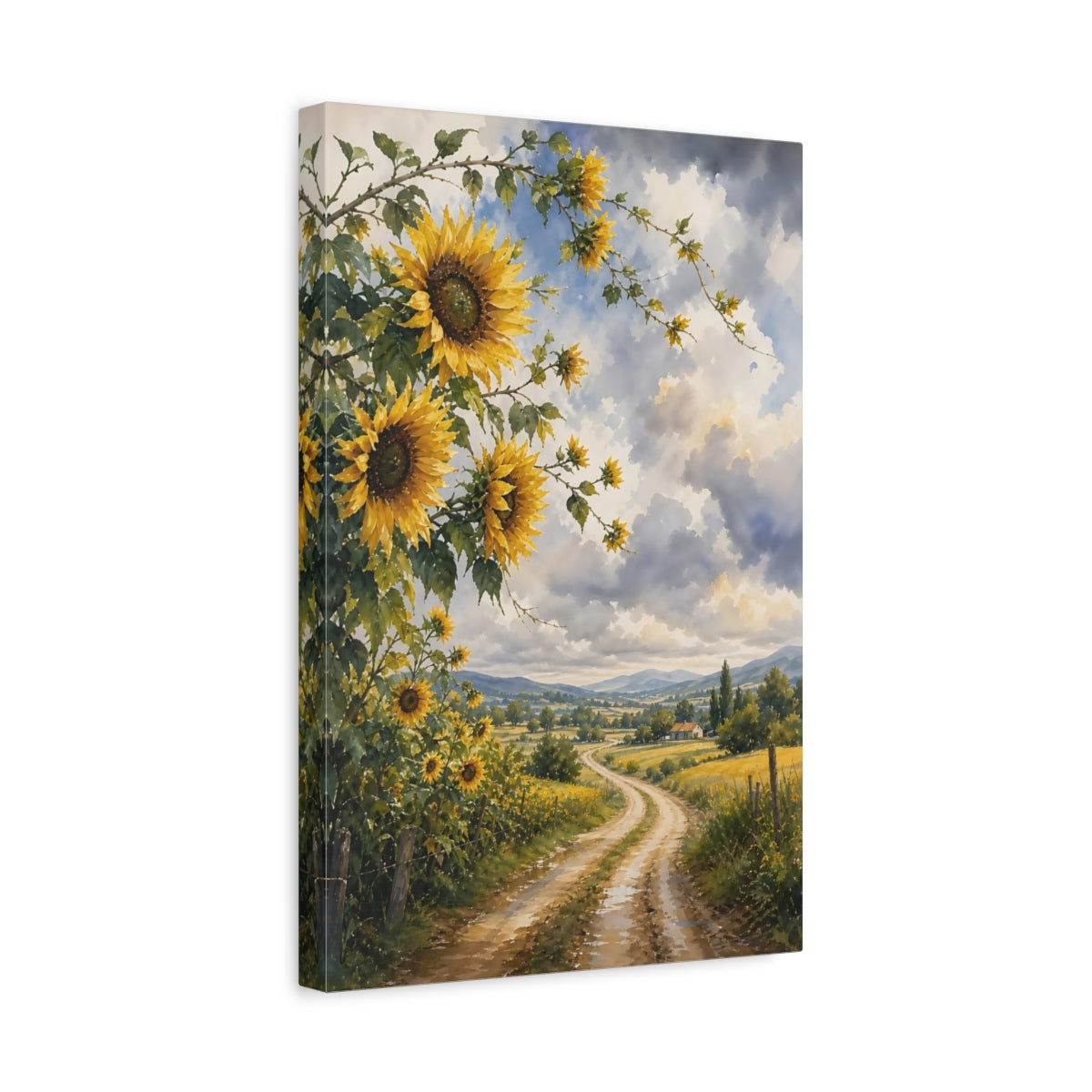 Side Mockup 4. Nature Sunflowers Yellow Sunflower Field shown as stretched canvas wall art