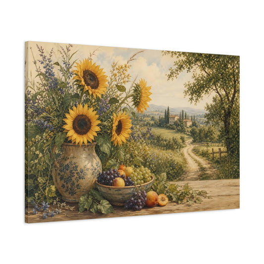 Main Mockup. Nature Sunflowers Yellow Green Landscape shown as stretched canvas wall art