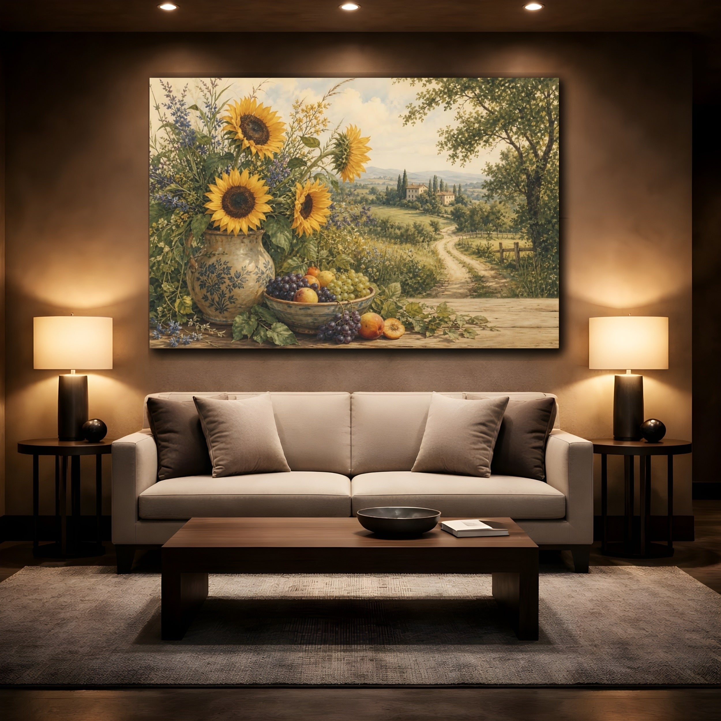 Mockup 2. Nature Sunflowers Yellow Green Landscape shown as stretched canvas wall art