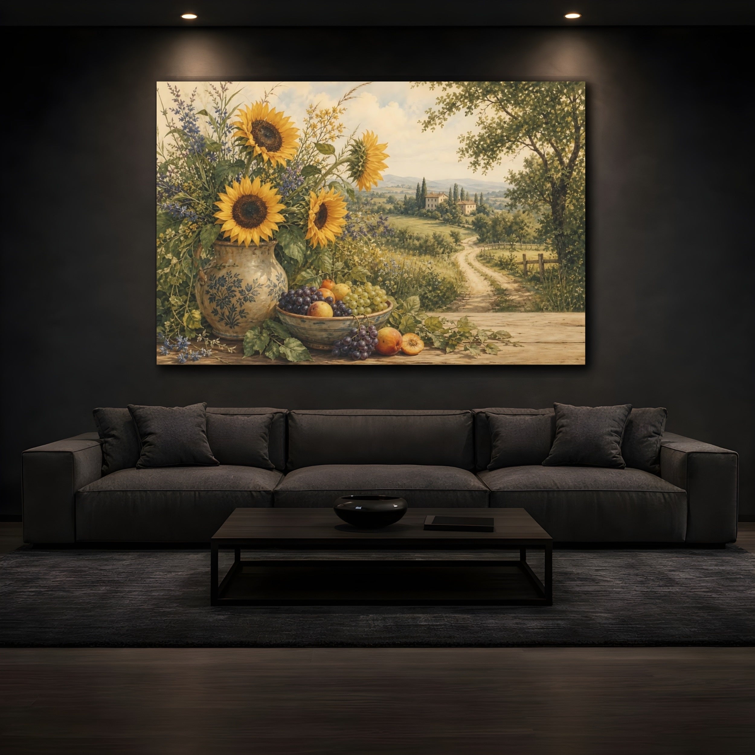 Mockup 3. Nature Sunflowers Yellow Green Landscape shown as stretched canvas wall art