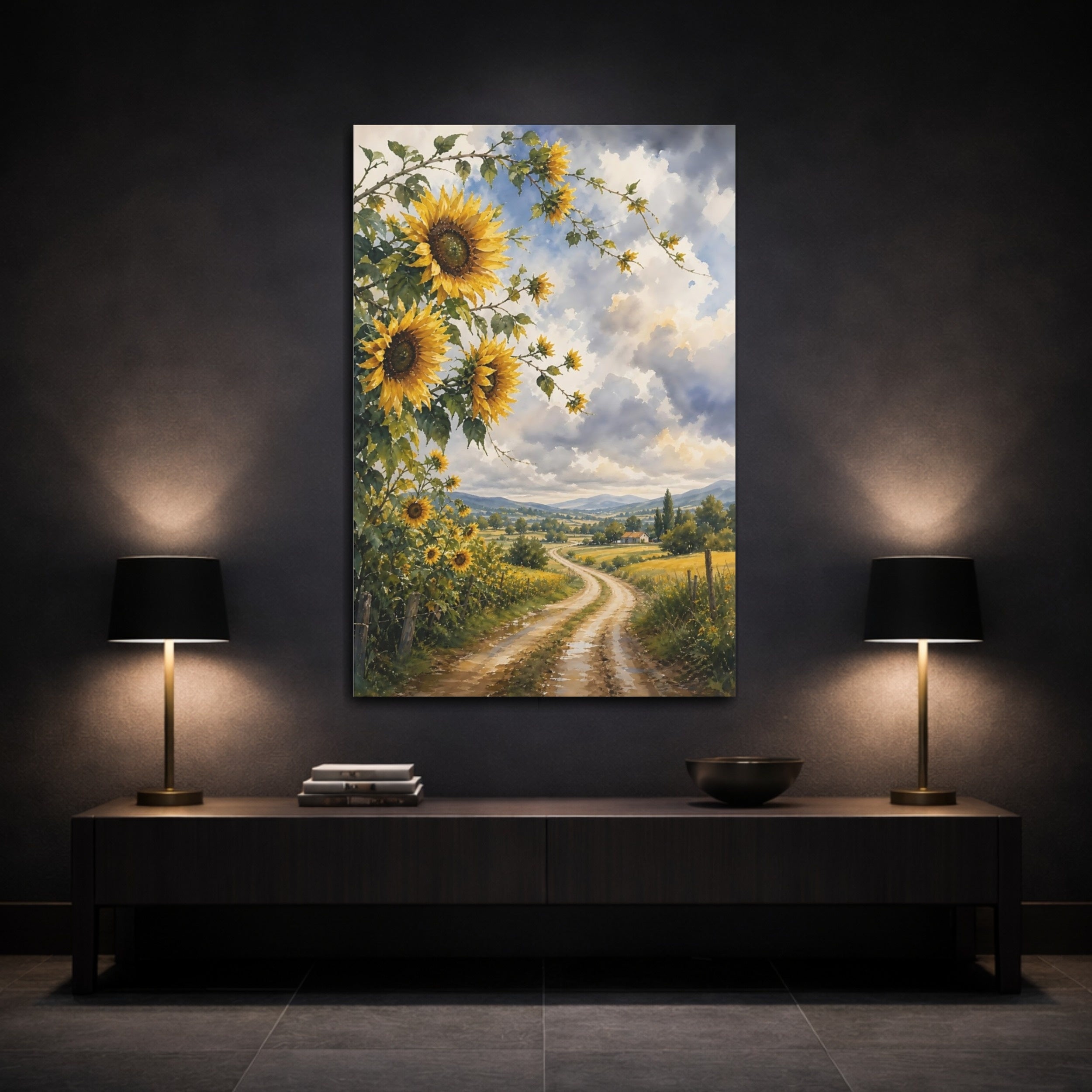 Mockup 3. Nature Sunflowers Yellow Sunflower Field shown as stretched canvas wall art