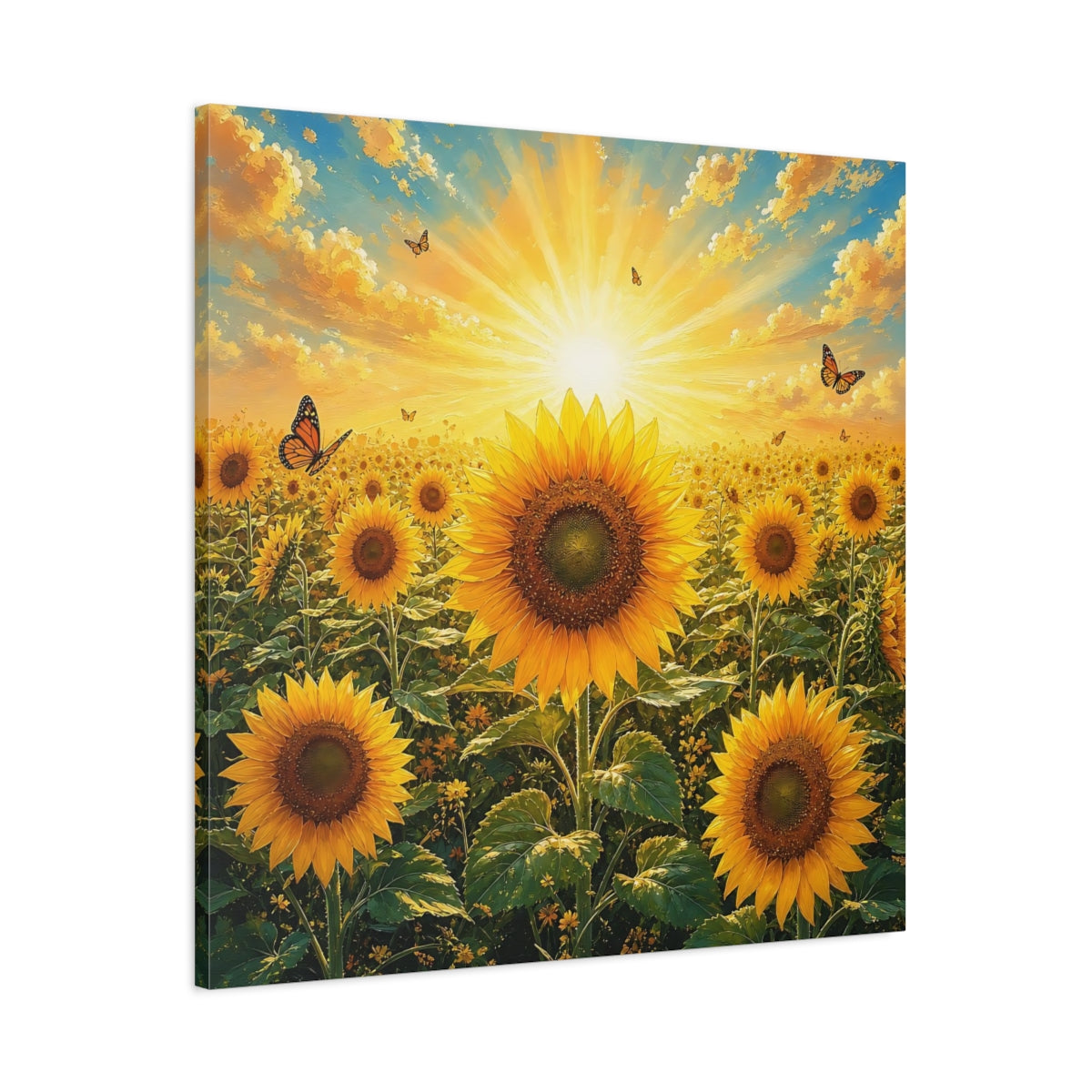 Main Mockup. Nature Sunflowers Yellow Sunflowers shown as stretched canvas wall art