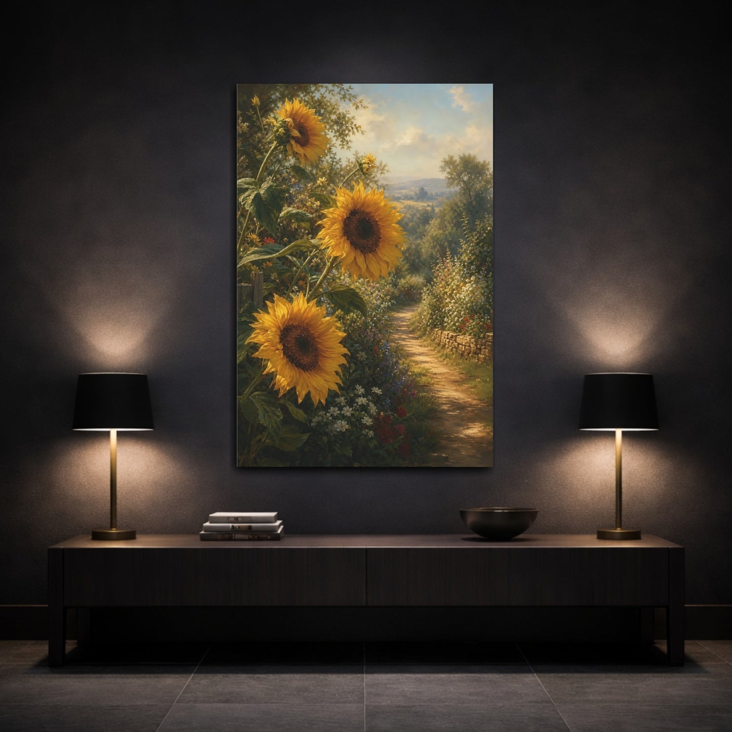 Mockup 3. Nature Sunflowers Yellow Sunflowers shown as stretched canvas wall art
