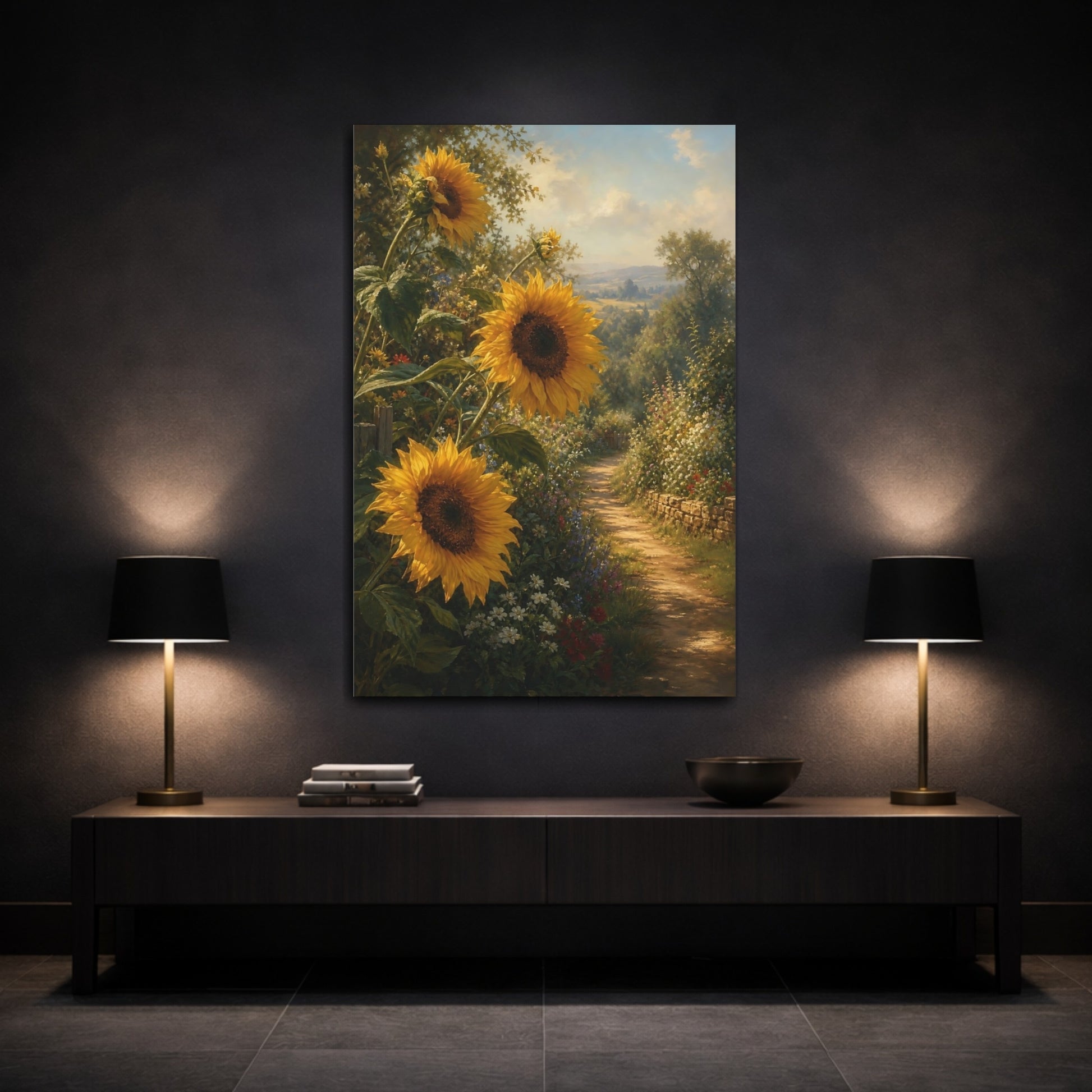 Mockup 3. Nature Sunflowers Yellow Sunflowers shown as stretched canvas wall art