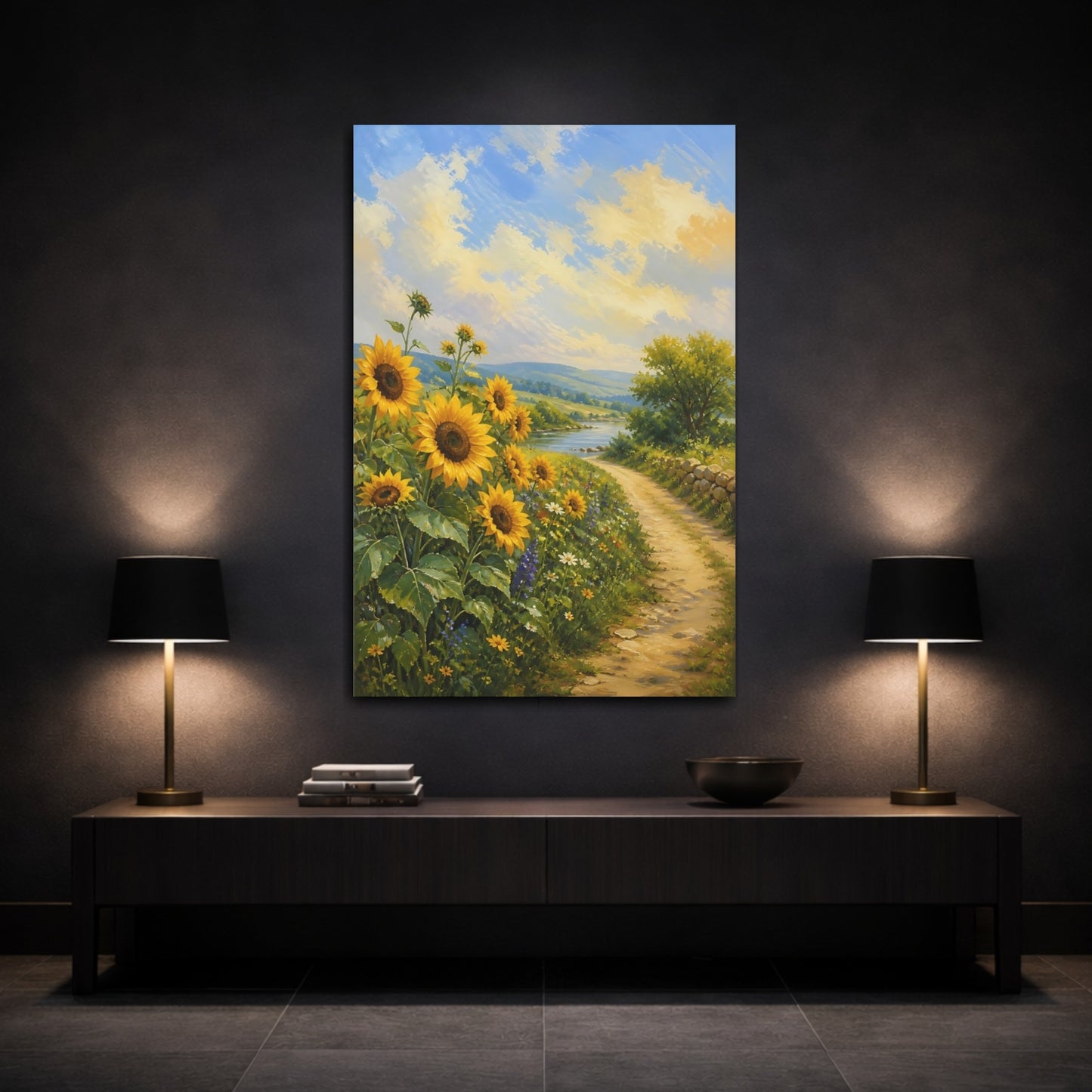 Mockup 3. Nature Sunflowers Yellow Sunflowers shown as stretched canvas wall art