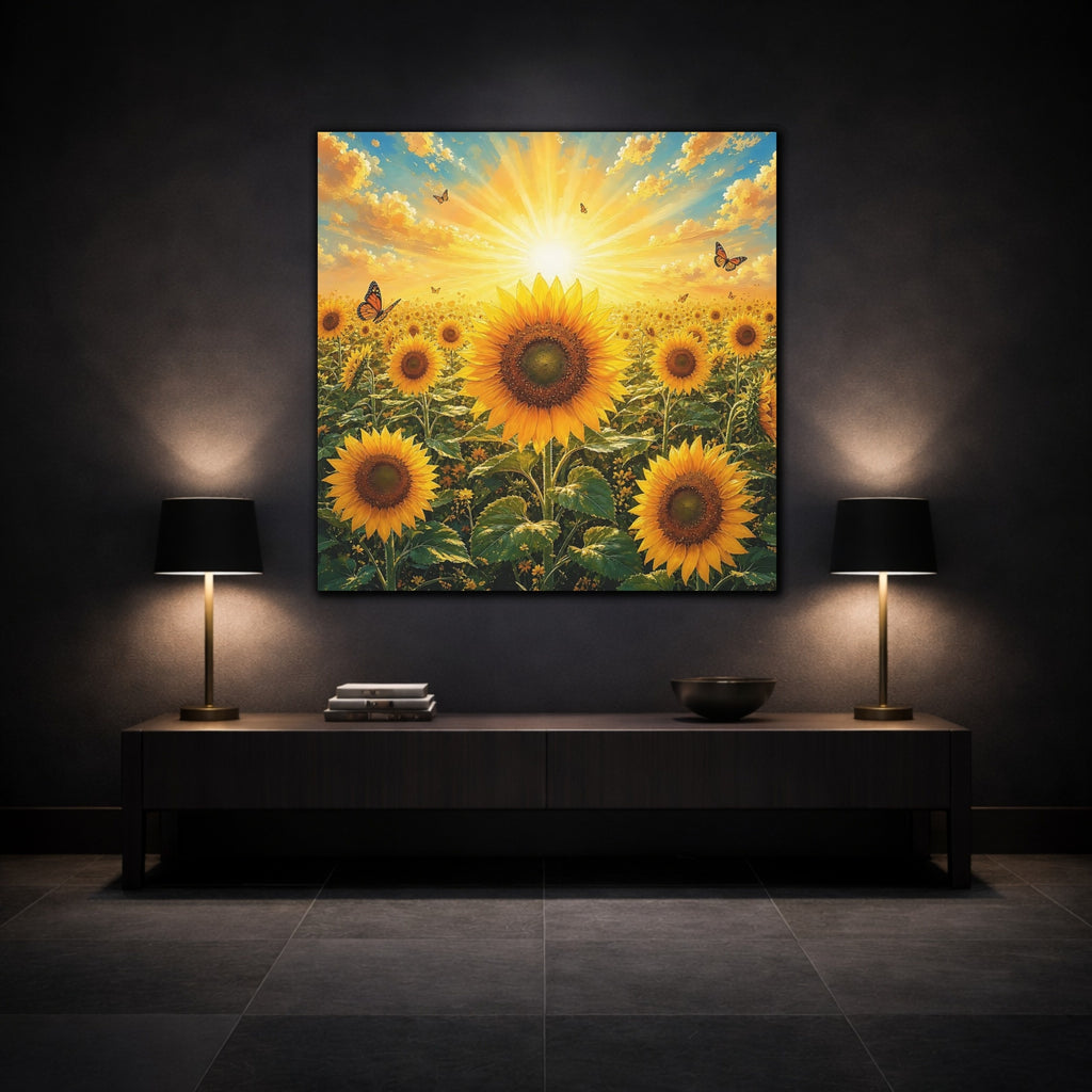 Mockup 3. Nature Sunflowers Yellow Sunflowers shown as stretched canvas wall art