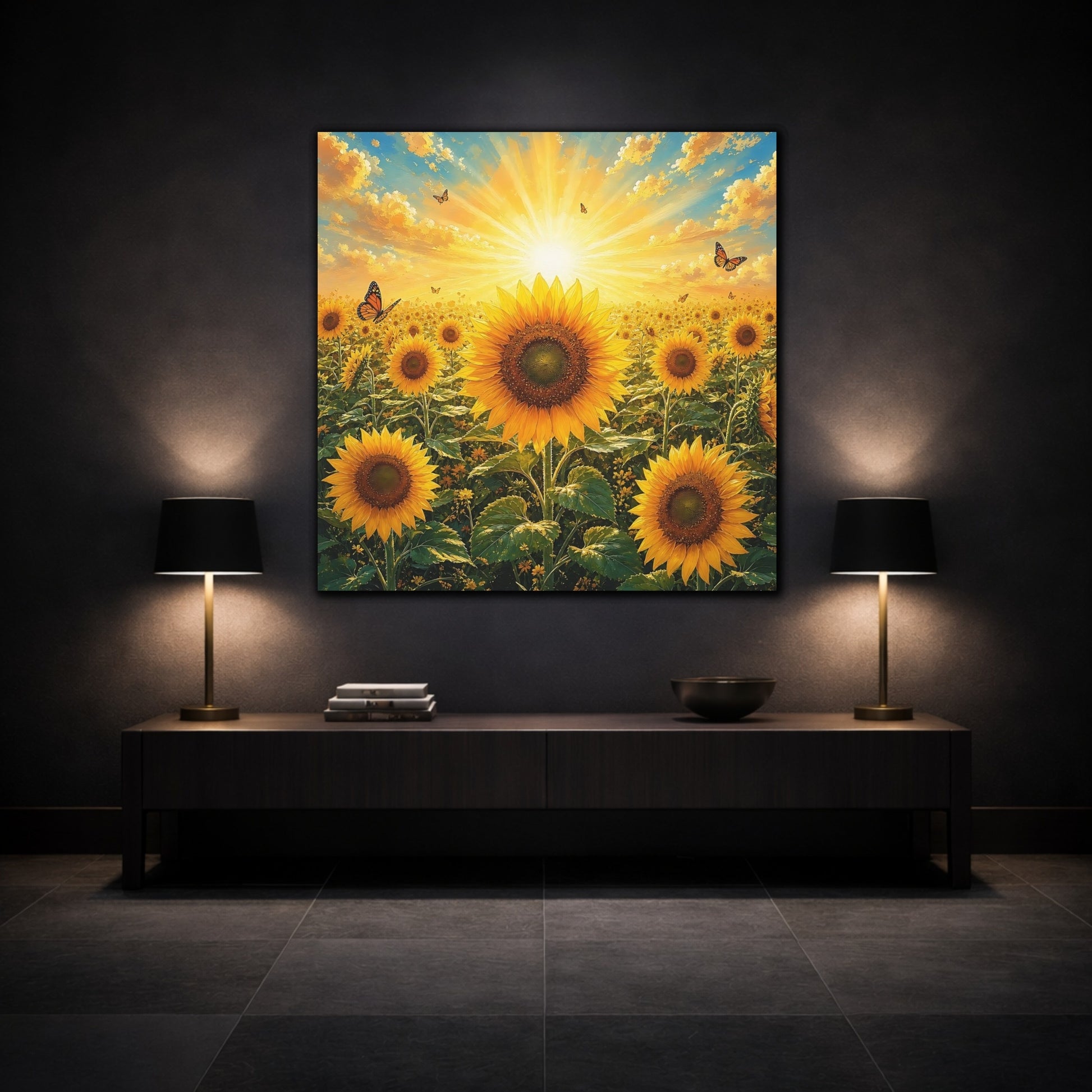 Mockup 3. Nature Sunflowers Yellow Sunflowers shown as stretched canvas wall art
