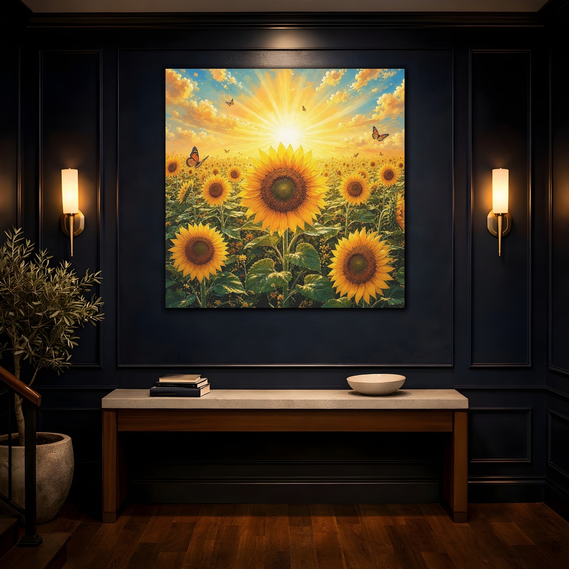 Mockup 4. Nature Sunflowers Yellow Sunflowers shown as stretched canvas wall art