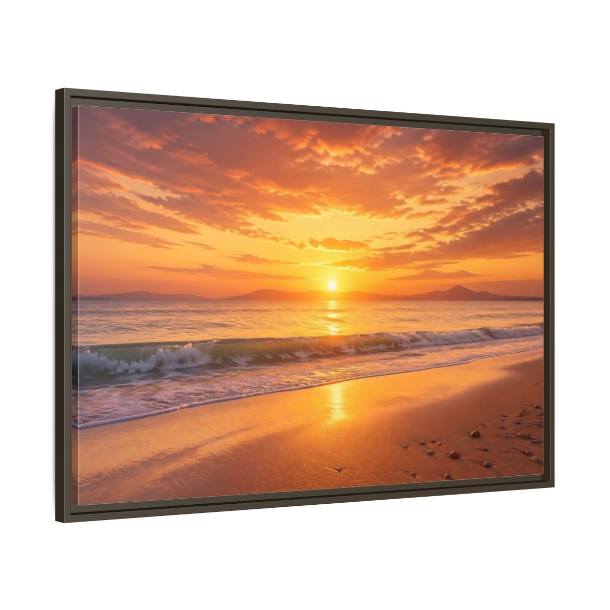 Main Mockup. Nature Sunset Beach Orange And Gold shown as stretched canvas wall art