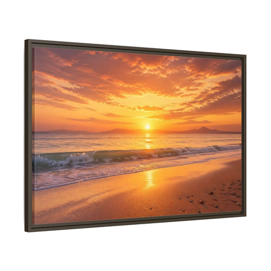 Main Mockup. Nature Sunset Beach Orange And Gold shown as stretched canvas wall art