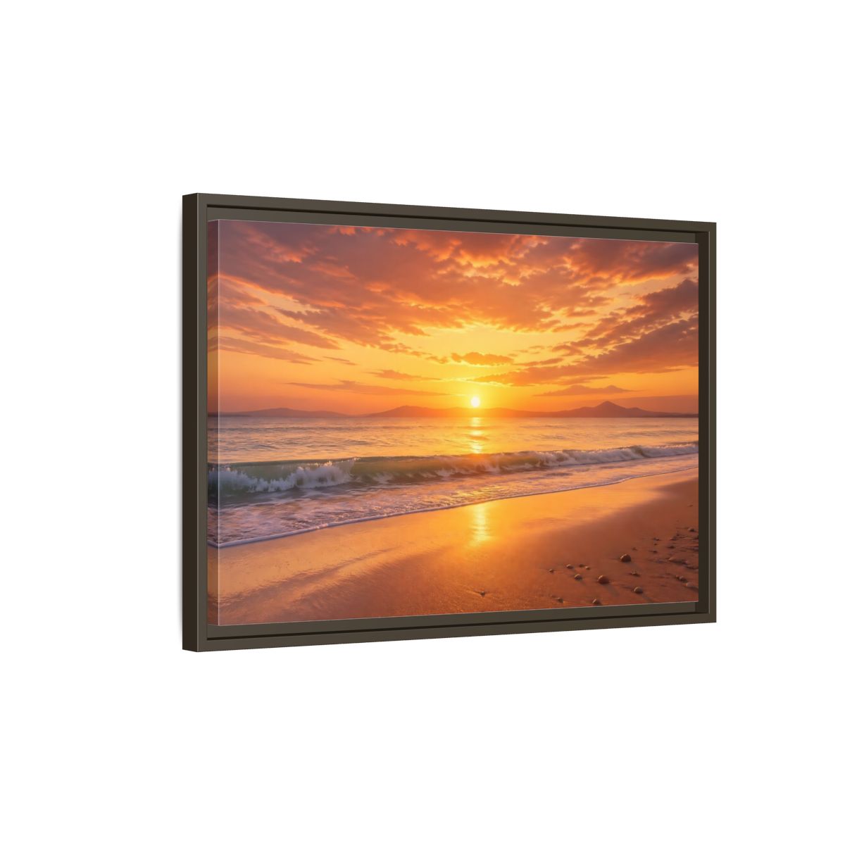 Side Mockup 2. Nature Sunset Beach Orange And Gold shown as stretched canvas wall art
