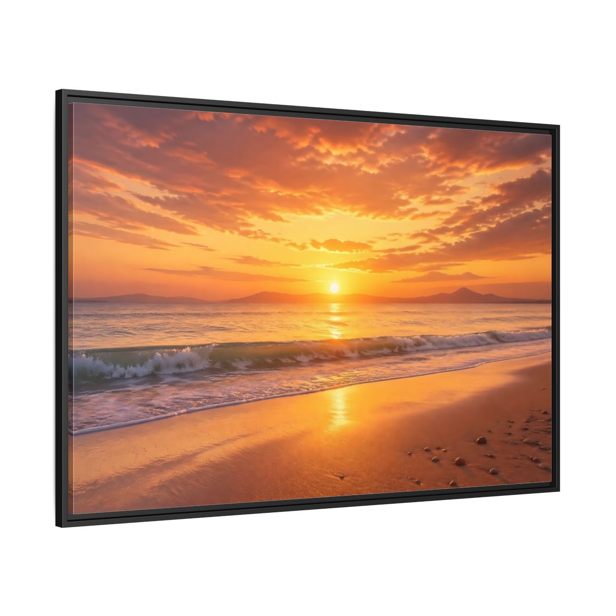 Side Mockup 12. Nature Sunset Beach Orange And Gold shown as stretched canvas wall art
