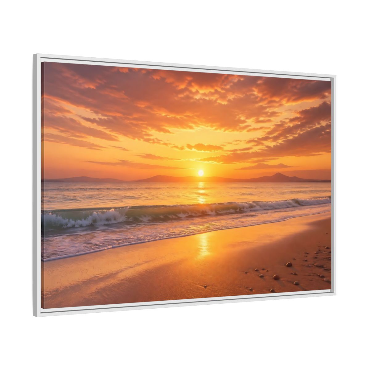 Side Mockup 7. Nature Sunset Beach Orange And Gold shown as stretched canvas wall art