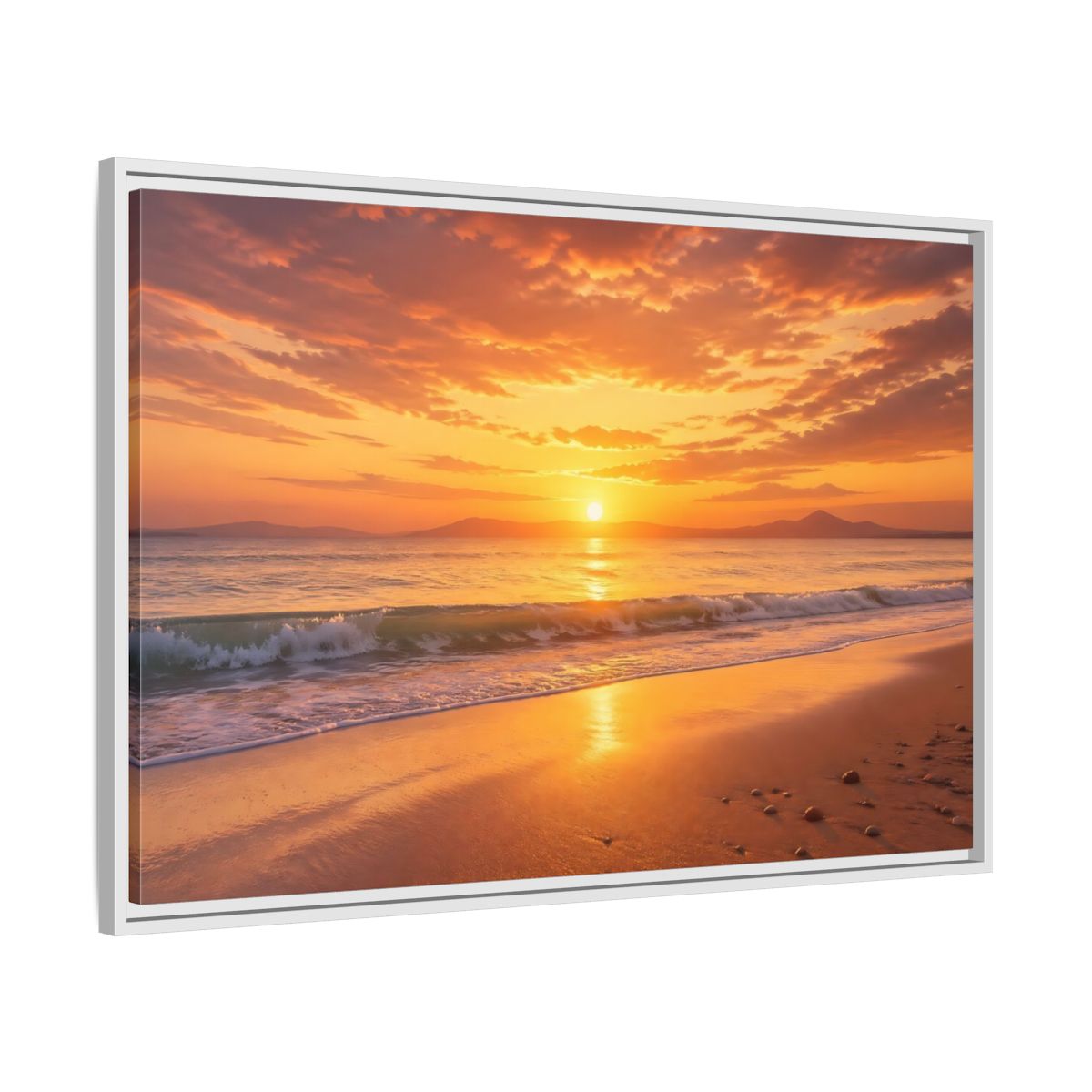 Side Mockup 9. Nature Sunset Beach Orange And Gold shown as stretched canvas wall art