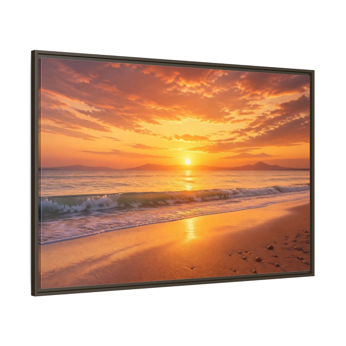 Side Mockup 8. Nature Sunset Beach Orange And Gold shown as stretched canvas wall art