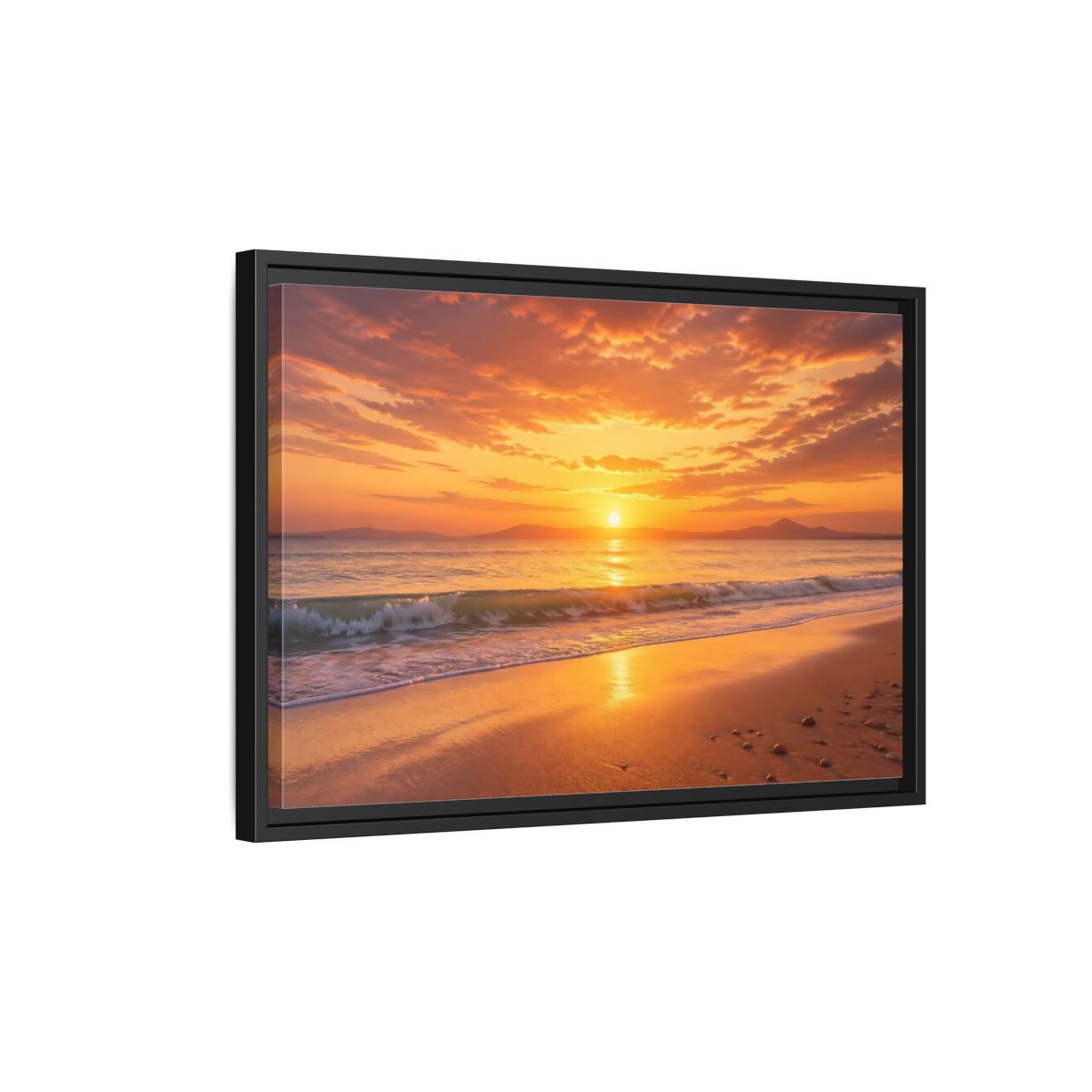 Side Mockup 3. Nature Sunset Beach Orange And Gold shown as stretched canvas wall art
