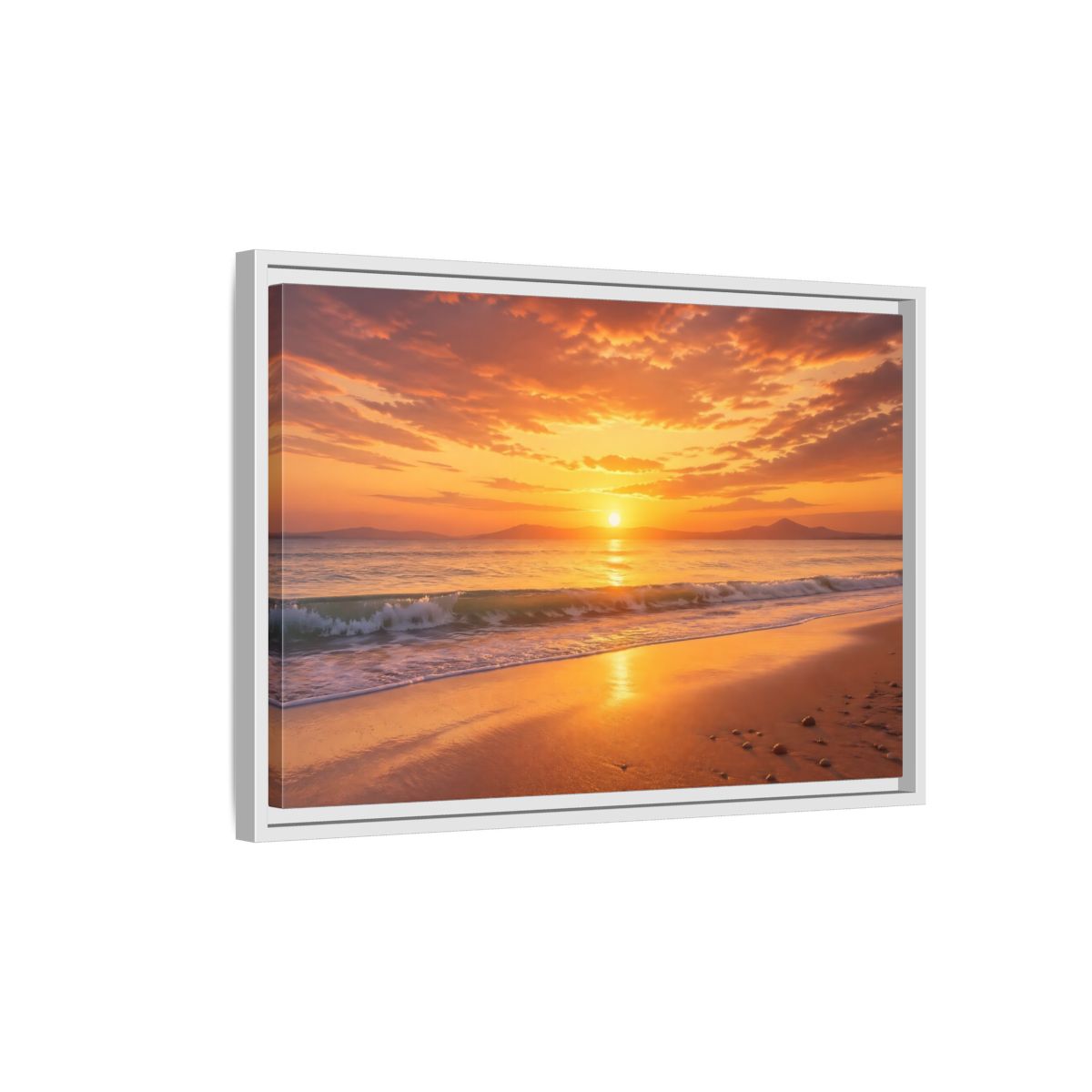 Side Mockup 1. Nature Sunset Beach Orange And Gold shown as stretched canvas wall art