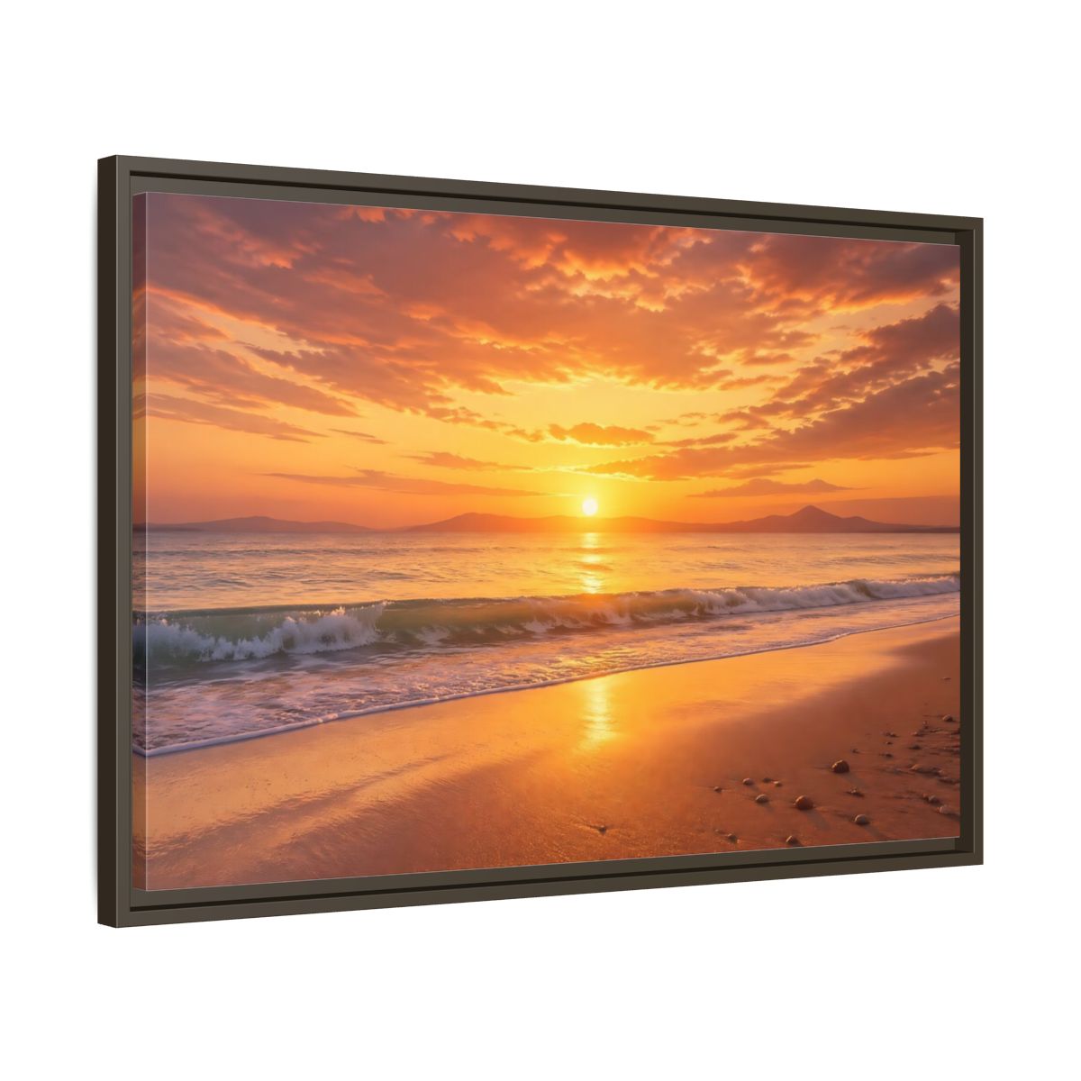 Side Mockup 11. Nature Sunset Beach Orange And Gold shown as stretched canvas wall art