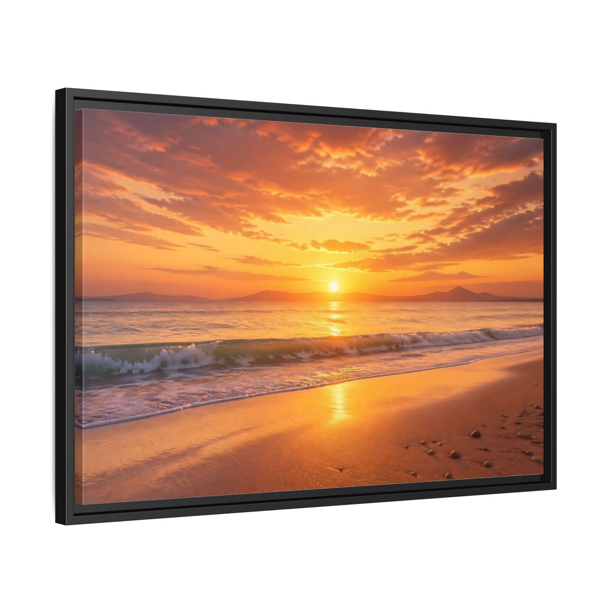 Side Mockup 14. Nature Sunset Beach Orange And Gold shown as stretched canvas wall art