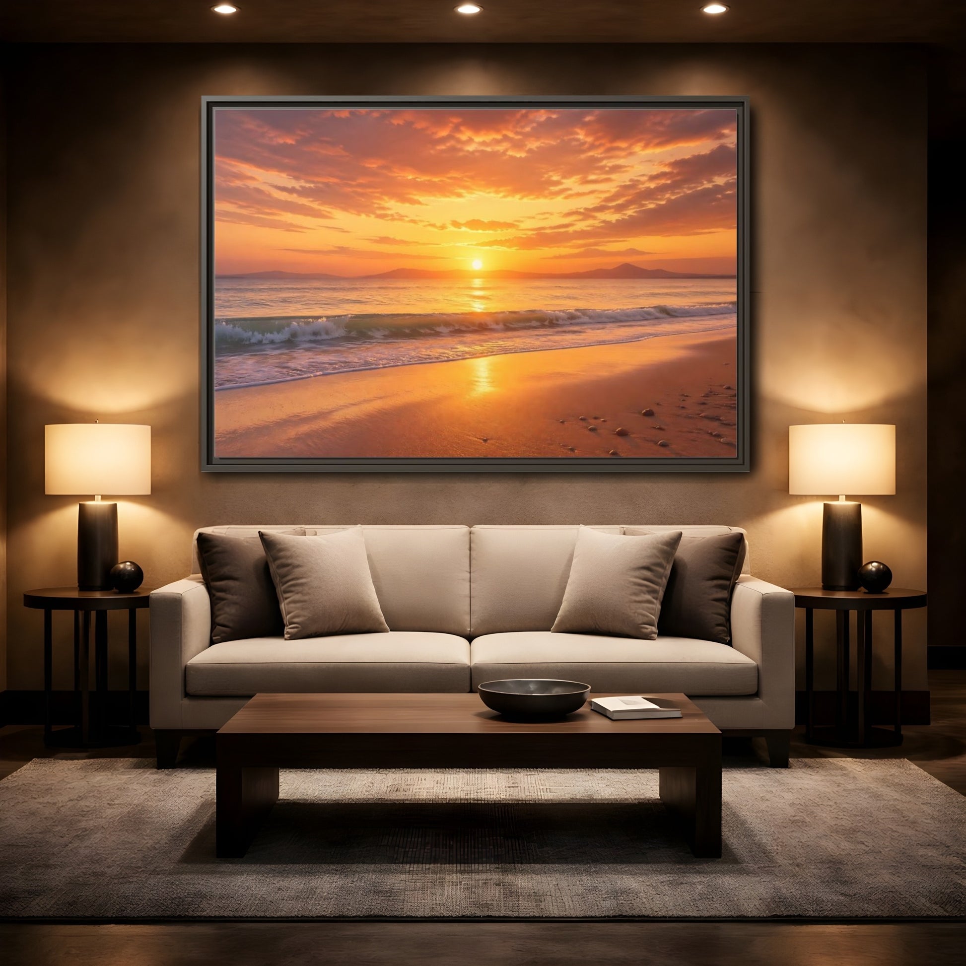 Mockup 2. Nature Sunset Beach Orange And Gold shown as stretched canvas wall art