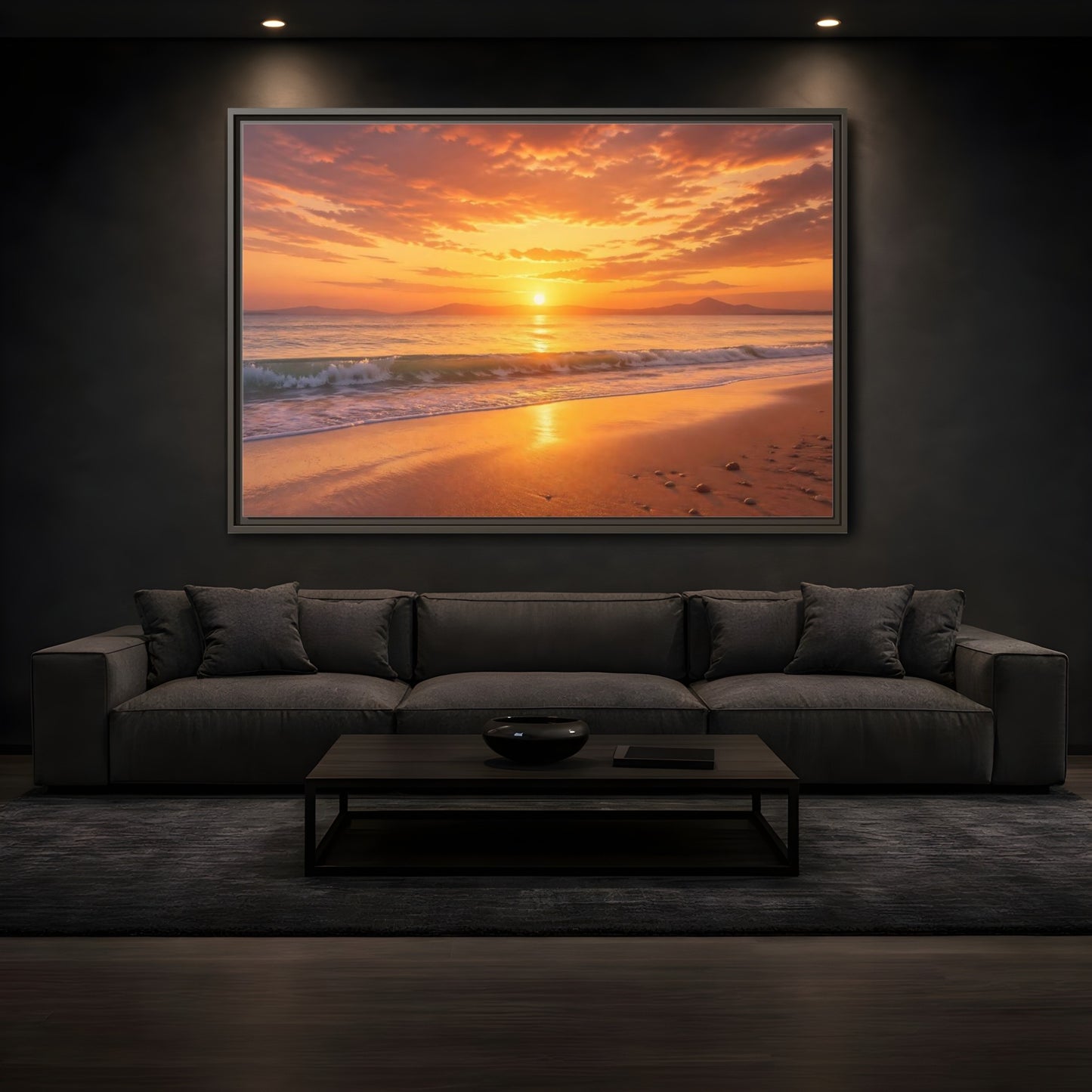 Mockup 3. Nature Sunset Beach Orange And Gold shown as stretched canvas wall art