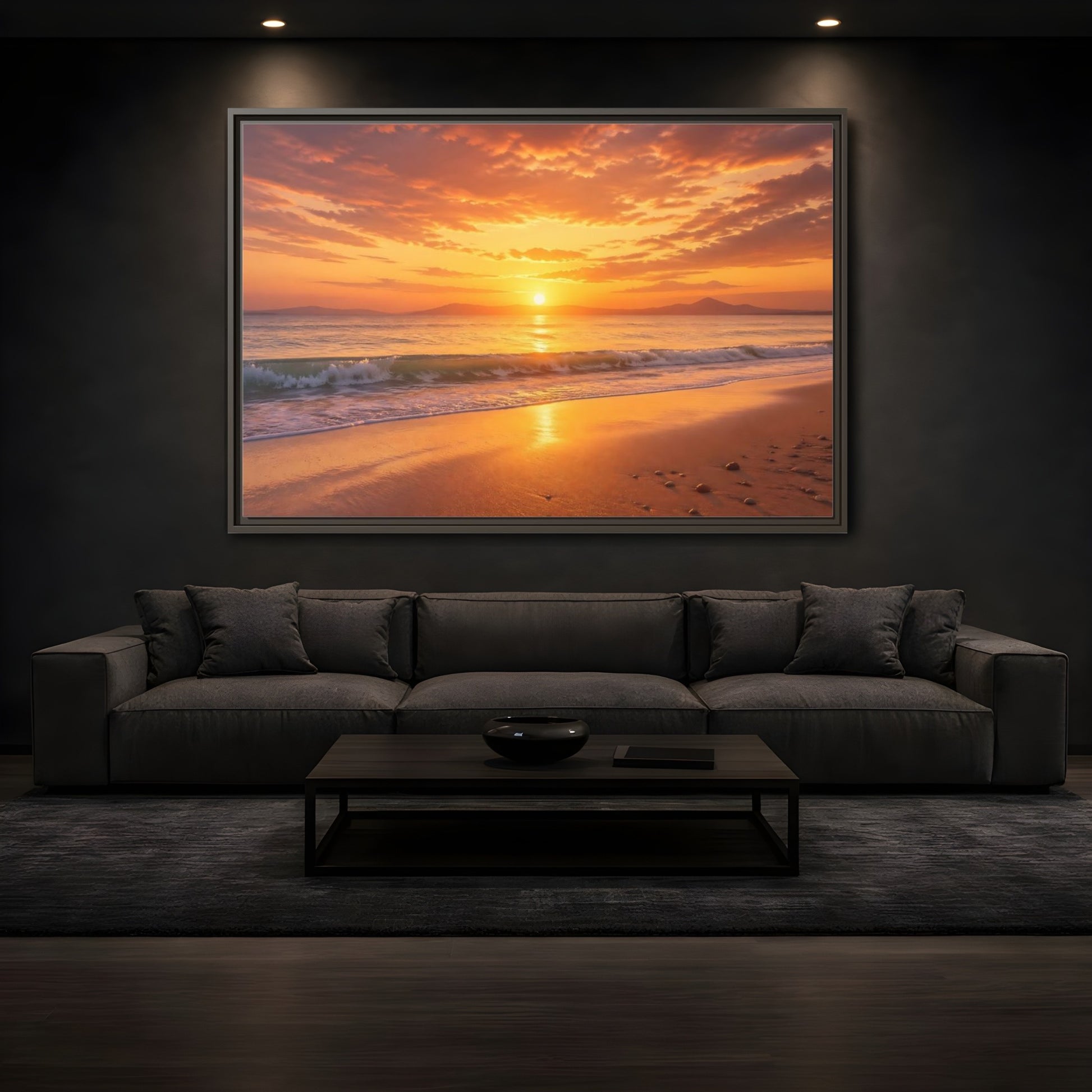 Mockup 3. Nature Sunset Beach Orange And Gold shown as stretched canvas wall art