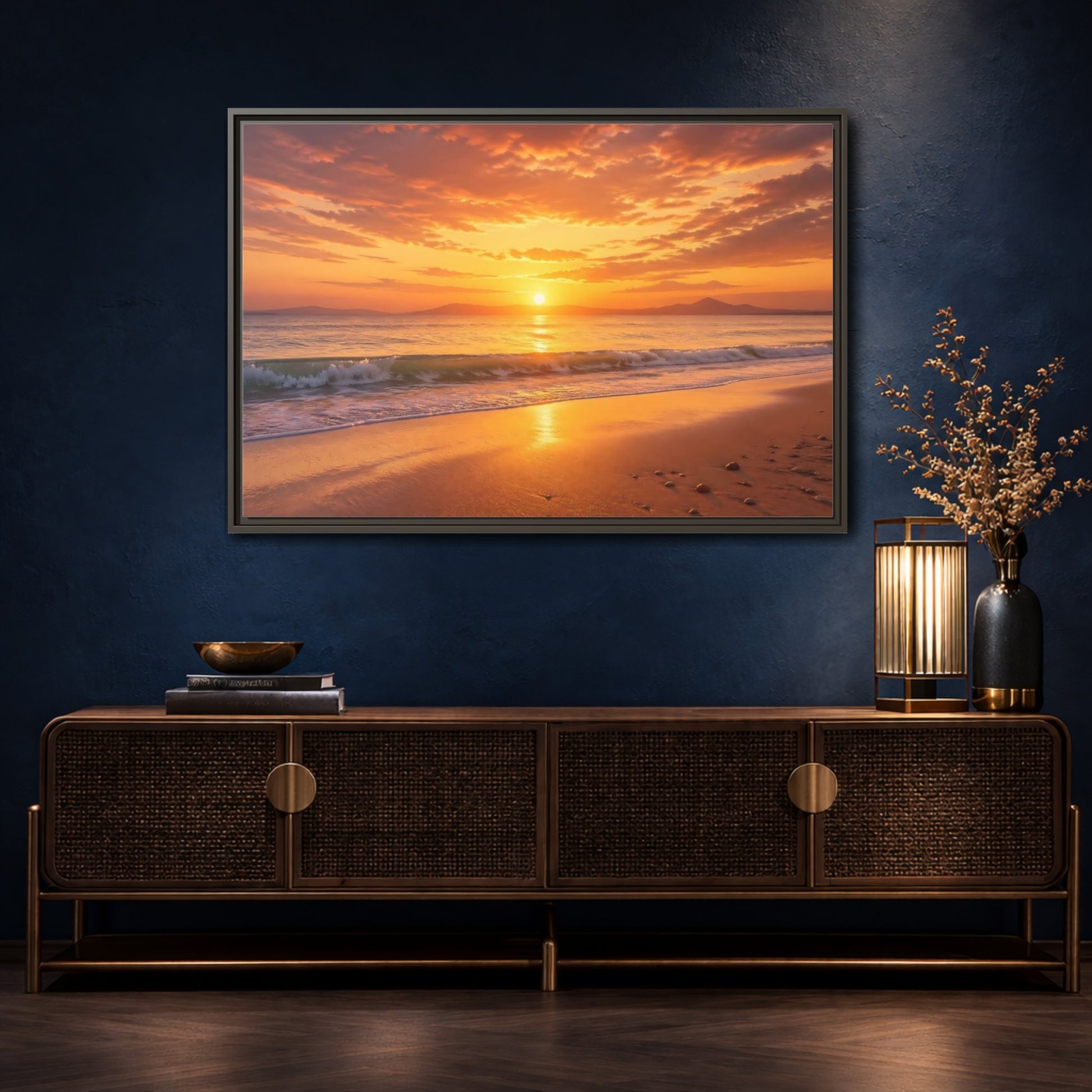 Mockup 4. Nature Sunset Beach Orange And Gold shown as stretched canvas wall art