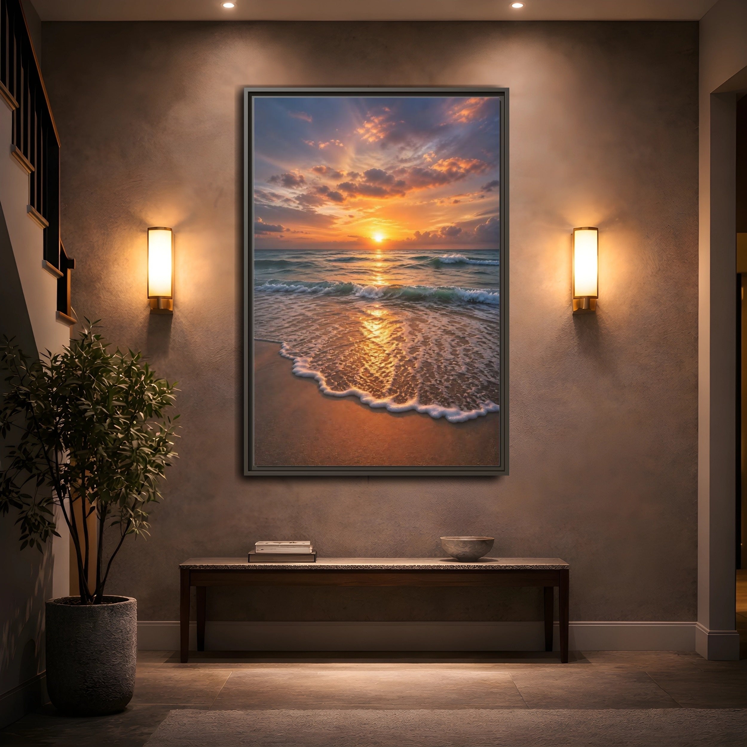 Mockup 2. Nature Sunset Golden Sunset shown as stretched canvas wall art