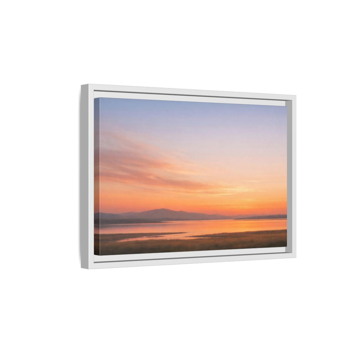 Side Mockup 4. Nature Sunset Lake Orange Sunset Lake shown as stretched canvas wall art